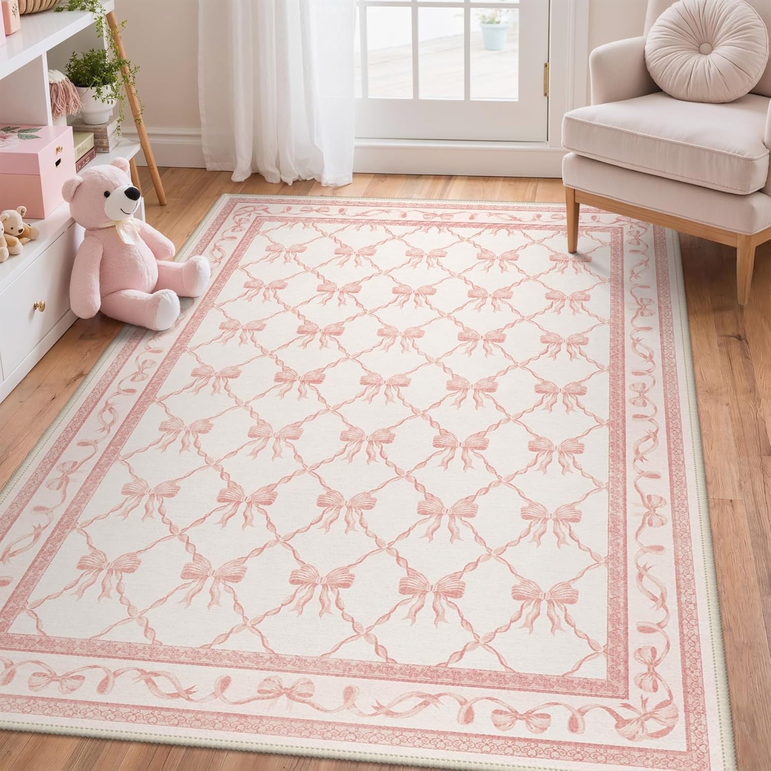image:imageGENIMO Area Rugs 6X9 for Living Room Bedroom Machine Washable Non Slip Flower Bow Rug Low Pile Soft Cute Floral Rug for Dining Room Girls Room Nursery Room and Playroom Pink BowPink Bow