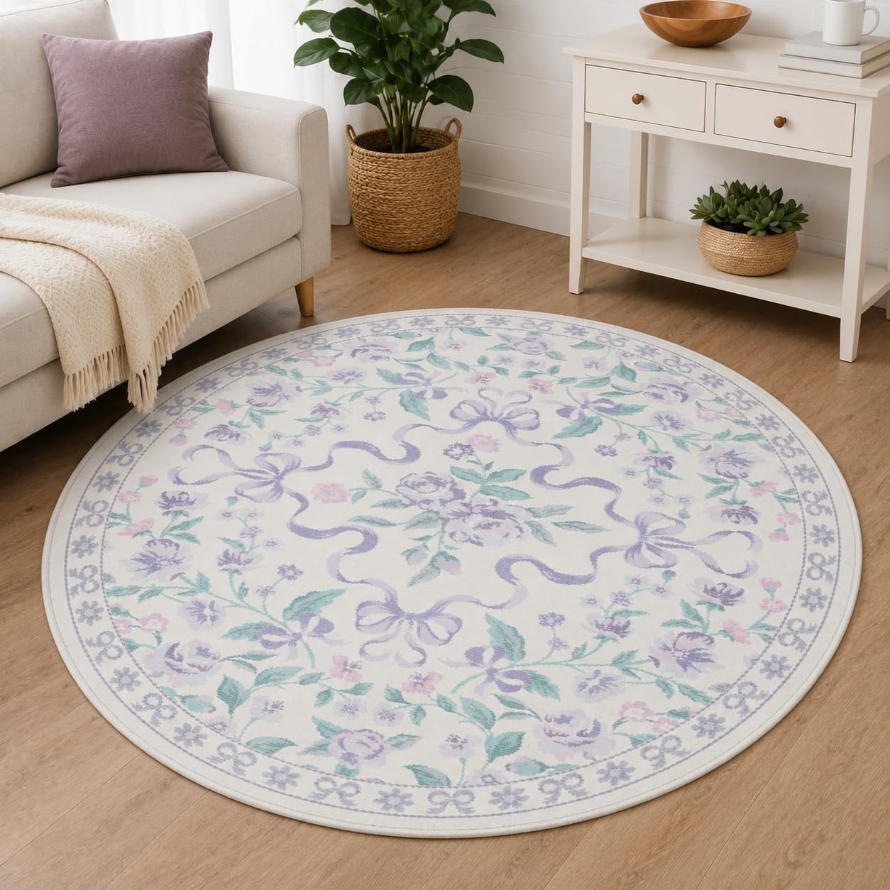 image:imageGENIMO Area Rugs 6X9 for Living Room Bedroom Machine Washable Non Slip Flower Bow Rug Low Pile Soft Cute Floral Rug for Dining Room Girls Room Nursery Room and Playroom Pink BowPurple Floral Bow