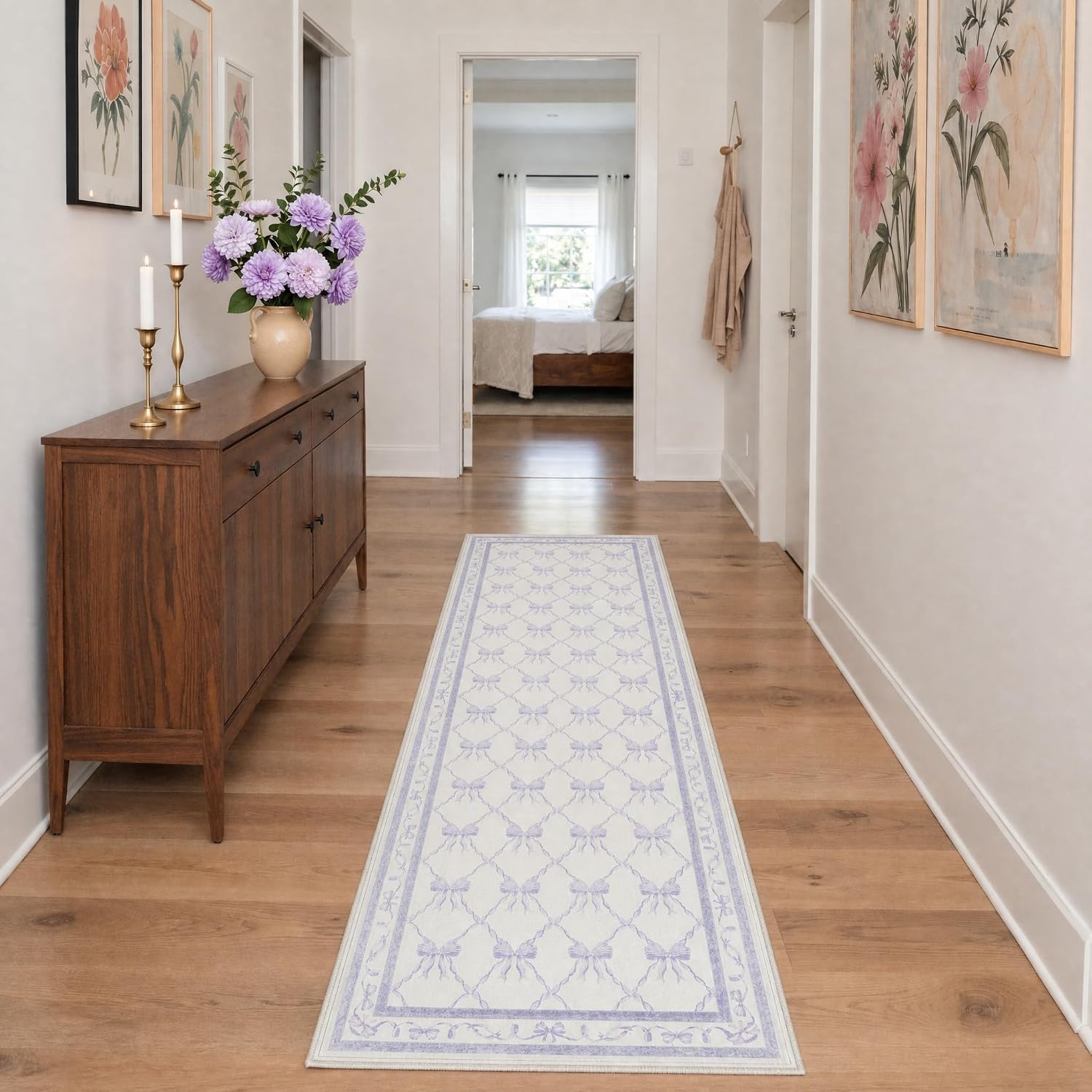 image:imageGENIMO Area Rugs 6X9 for Living Room Bedroom Machine Washable Non Slip Flower Bow Rug Low Pile Soft Cute Floral Rug for Dining Room Girls Room Nursery Room and Playroom Pink BowPurple Bow