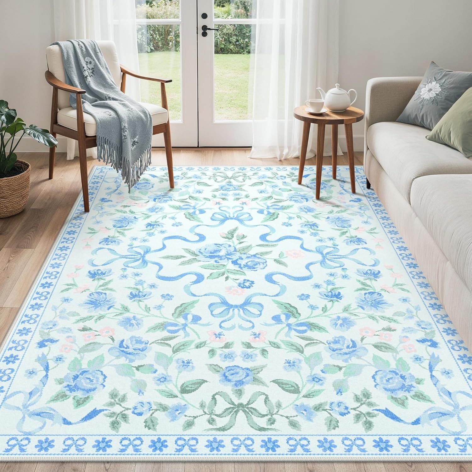 image:imageGENIMO Area Rugs 6X9 for Living Room Bedroom Machine Washable Non Slip Flower Bow Rug Low Pile Soft Cute Floral Rug for Dining Room Girls Room Nursery Room and Playroom Pink BowBlue Floral Bow