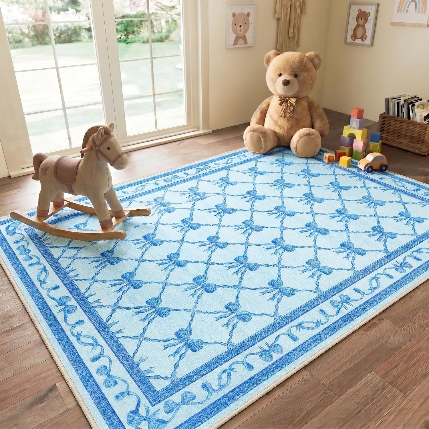 image:imageGENIMO Area Rugs 6X9 for Living Room Bedroom Machine Washable Non Slip Flower Bow Rug Low Pile Soft Cute Floral Rug for Dining Room Girls Room Nursery Room and Playroom Pink BowBlue Bow