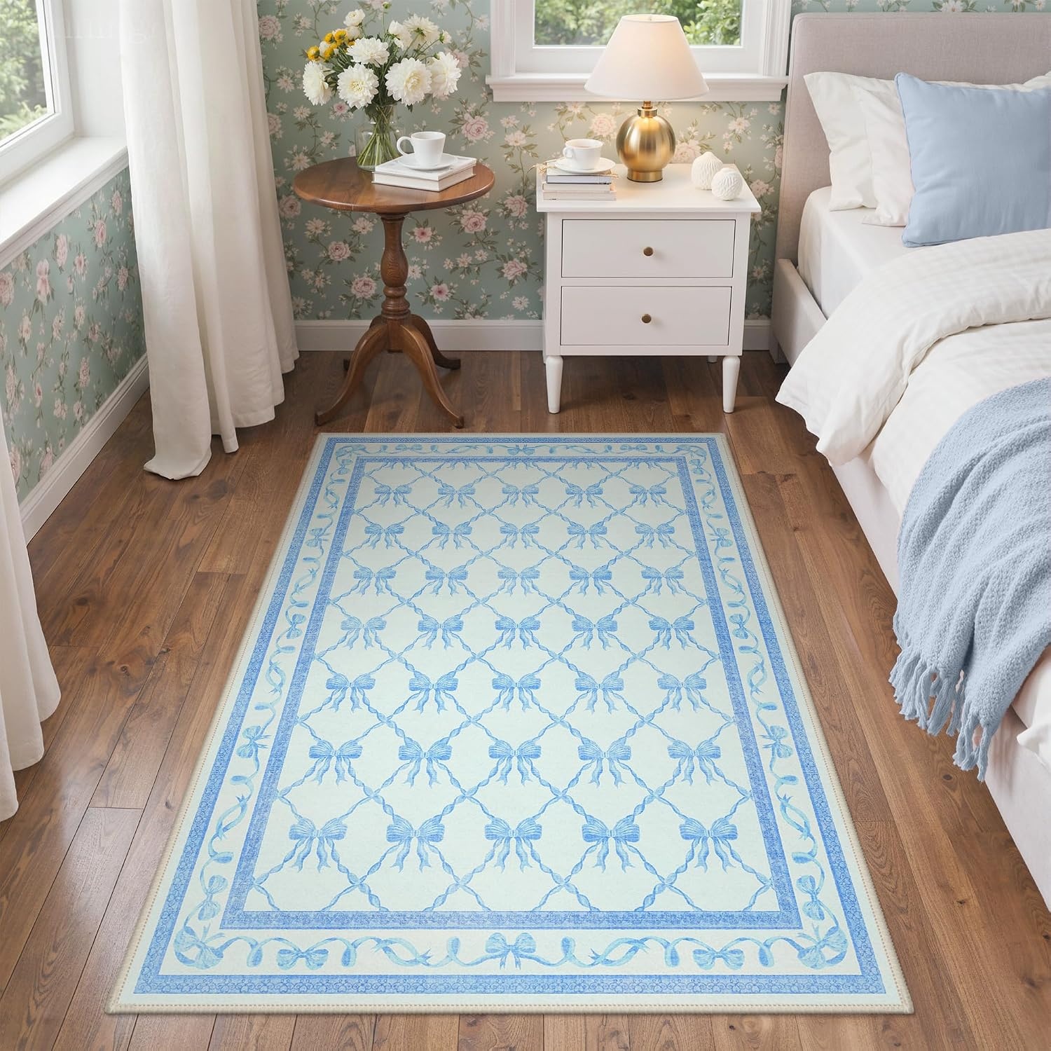 image:imageGENIMO Area Rugs 6X9 for Living Room Bedroom Machine Washable Non Slip Flower Bow Rug Low Pile Soft Cute Floral Rug for Dining Room Girls Room Nursery Room and Playroom Pink BowSky Blue Bow