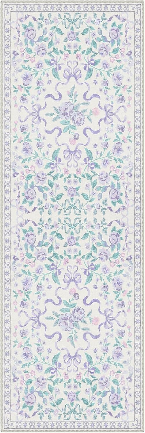 image:imageGENIMO Area Rugs 6X9 for Living Room Bedroom Machine Washable Non Slip Flower Bow Rug Low Pile Soft Cute Floral Rug for Dining Room Girls Room Nursery Room and Playroom Pink BowPurple Floral Bow