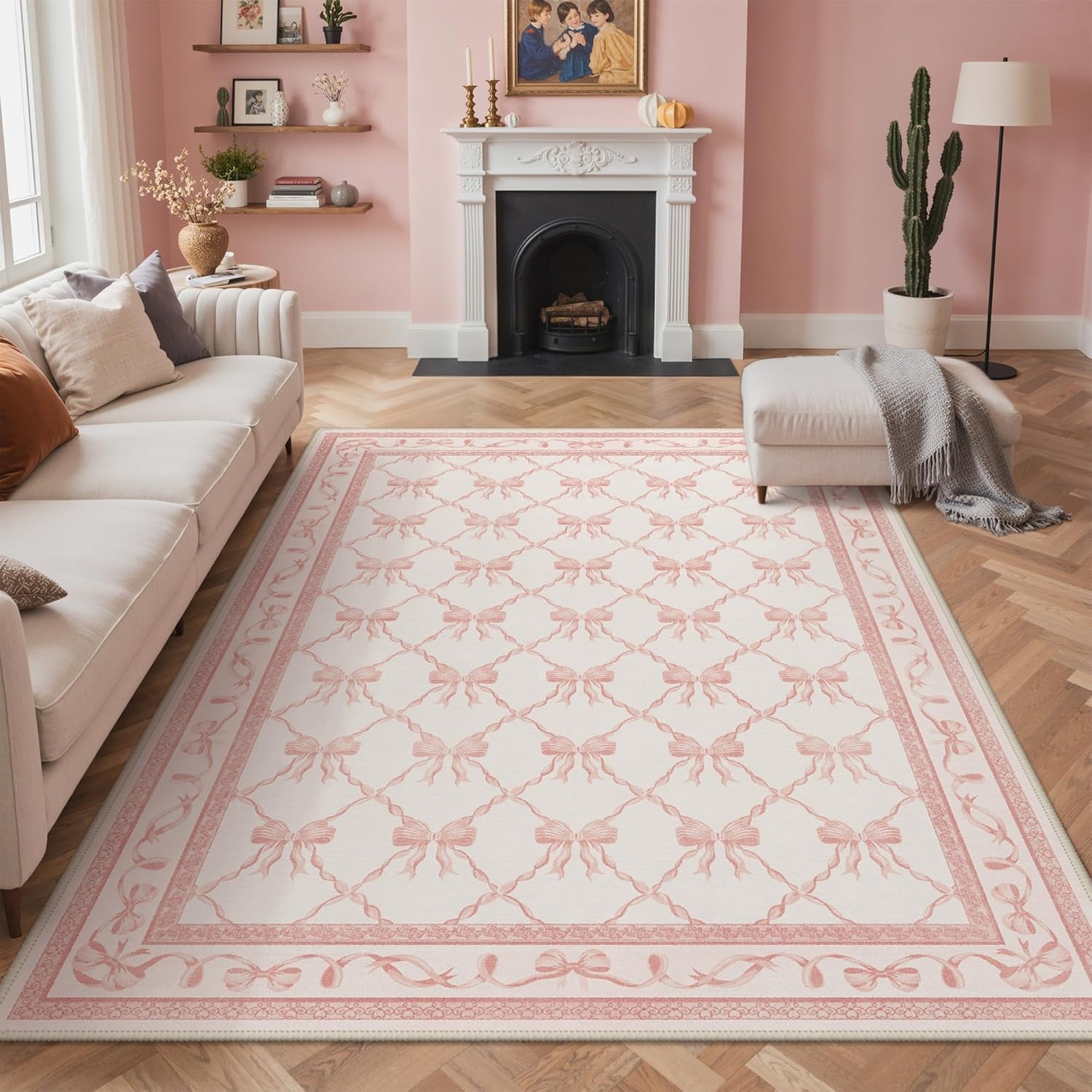 image:imageGENIMO Area Rugs 6X9 for Living Room Bedroom Machine Washable Non Slip Flower Bow Rug Low Pile Soft Cute Floral Rug for Dining Room Girls Room Nursery Room and Playroom Pink BowPink Bow