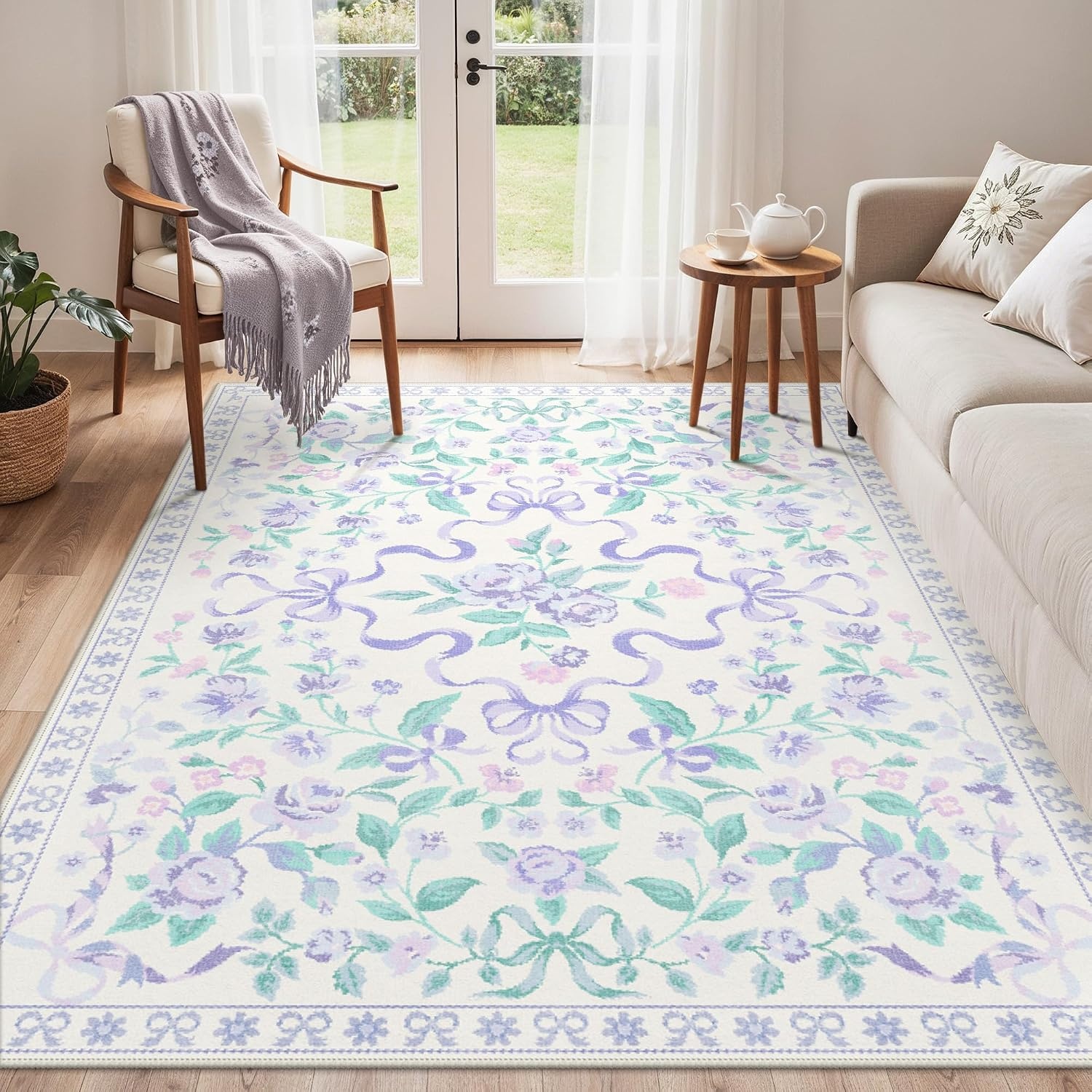 image:imageGENIMO Area Rugs 6X9 for Living Room Bedroom Machine Washable Non Slip Flower Bow Rug Low Pile Soft Cute Floral Rug for Dining Room Girls Room Nursery Room and Playroom Pink BowPurple Floral Bow