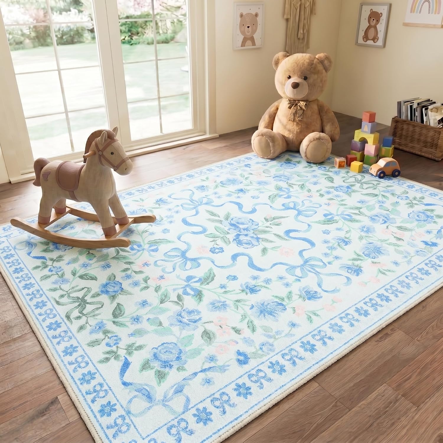 image:imageGENIMO Area Rugs 6X9 for Living Room Bedroom Machine Washable Non Slip Flower Bow Rug Low Pile Soft Cute Floral Rug for Dining Room Girls Room Nursery Room and Playroom Pink BowBlue Floral Bow