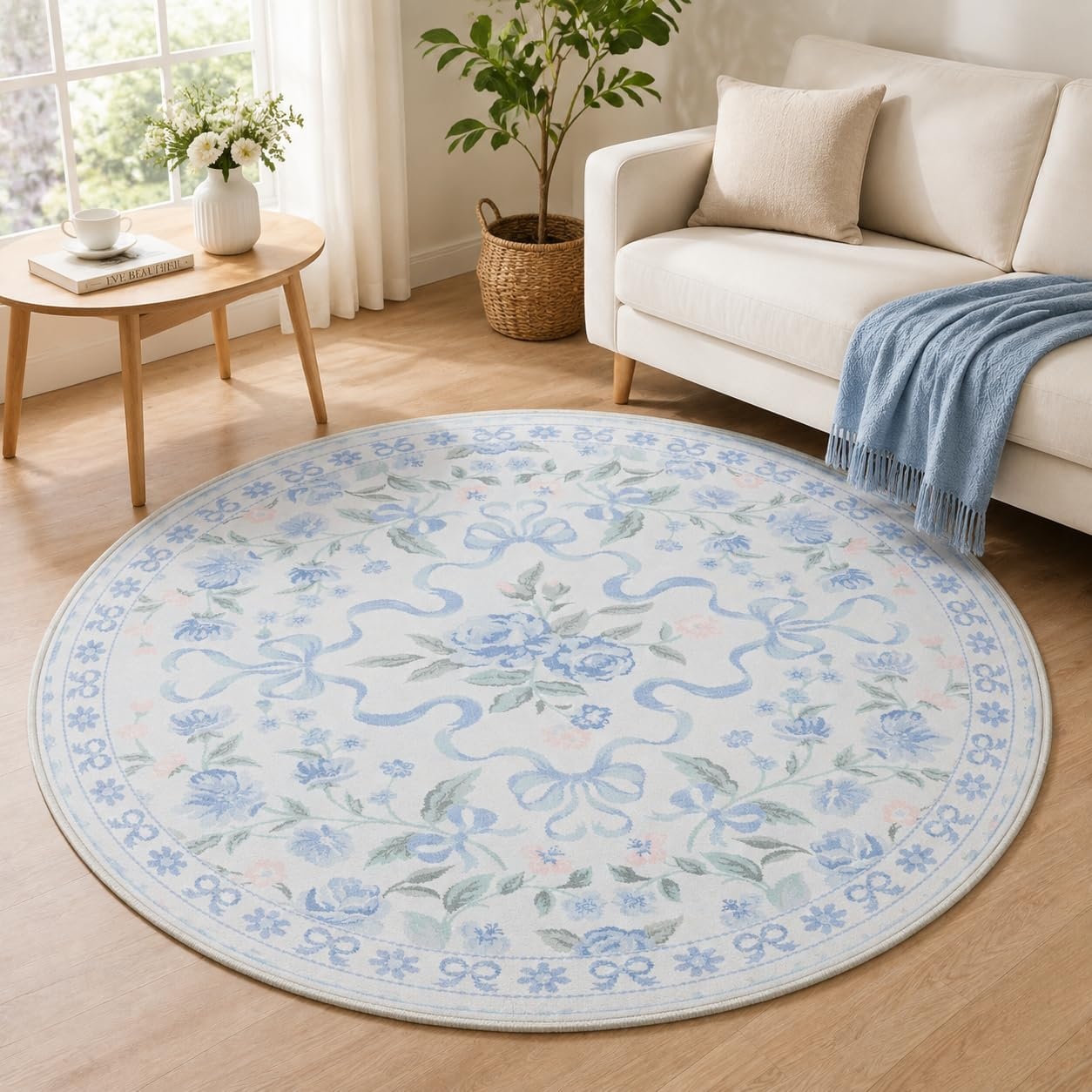 image:imageGENIMO Area Rugs 6X9 for Living Room Bedroom Machine Washable Non Slip Flower Bow Rug Low Pile Soft Cute Floral Rug for Dining Room Girls Room Nursery Room and Playroom Pink BowBlue Floral Bow