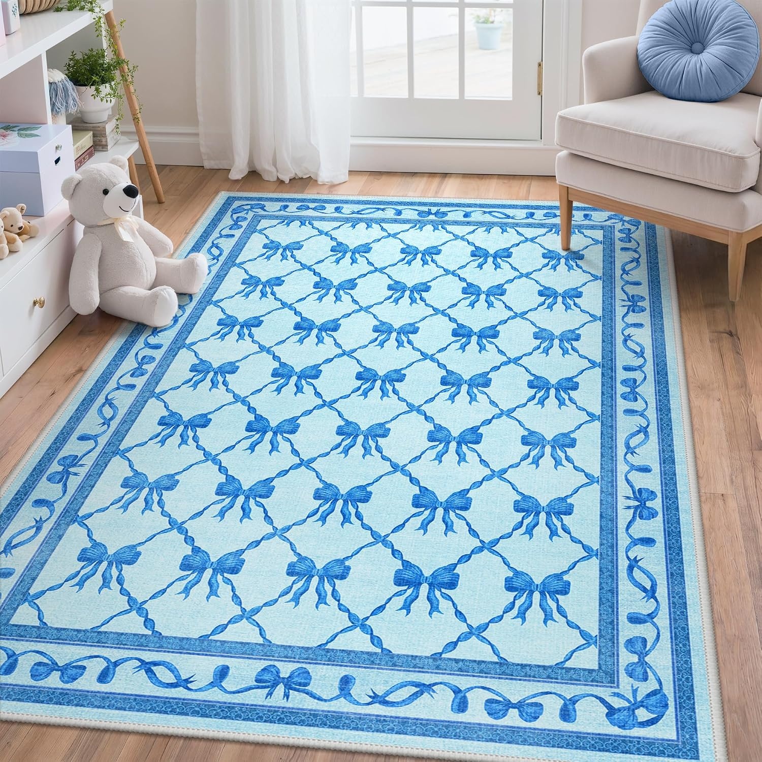 image:imageGENIMO Area Rugs 6X9 for Living Room Bedroom Machine Washable Non Slip Flower Bow Rug Low Pile Soft Cute Floral Rug for Dining Room Girls Room Nursery Room and Playroom Pink BowBlue Bow