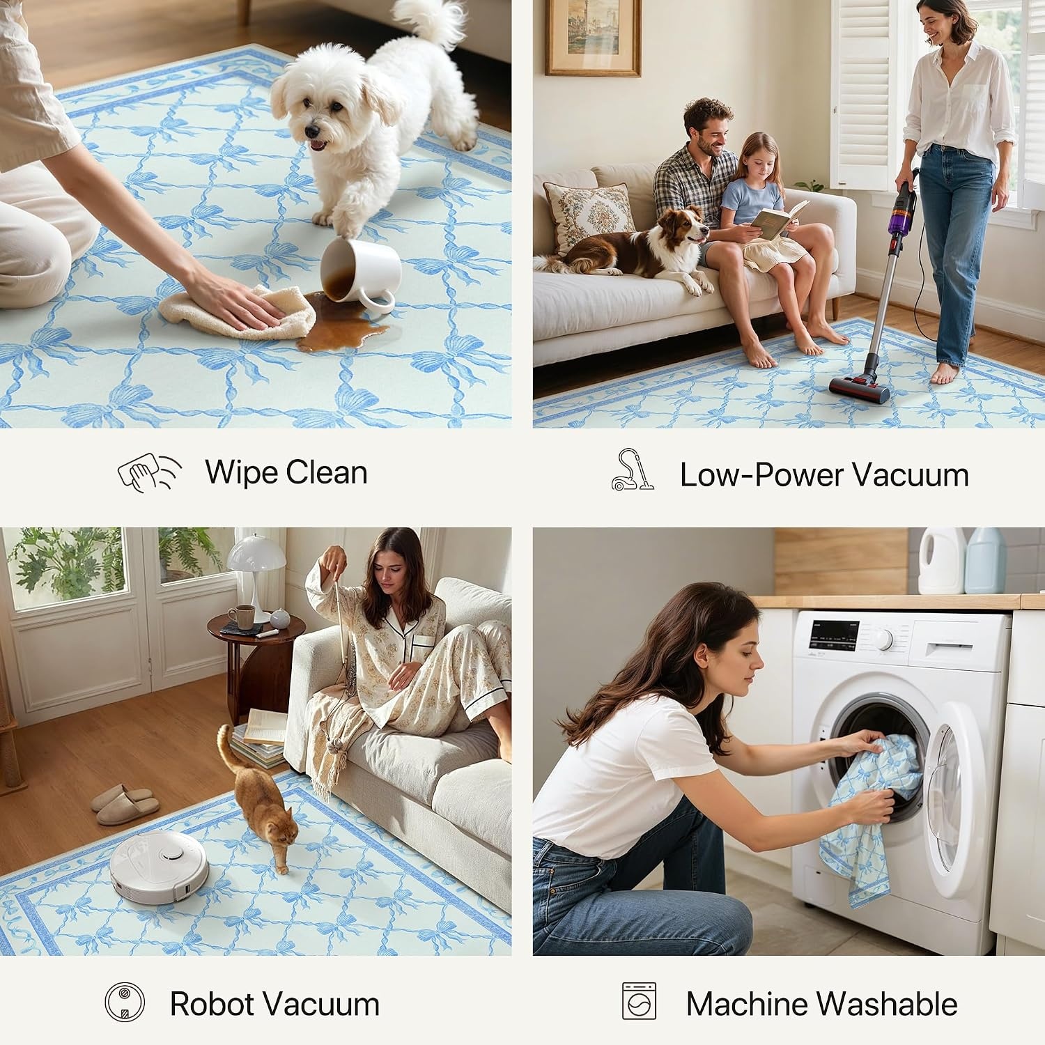 image:imageGENIMO Area Rugs 6X9 for Living Room Bedroom Machine Washable Non Slip Flower Bow Rug Low Pile Soft Cute Floral Rug for Dining Room Girls Room Nursery Room and Playroom Pink BowSky Blue Bow