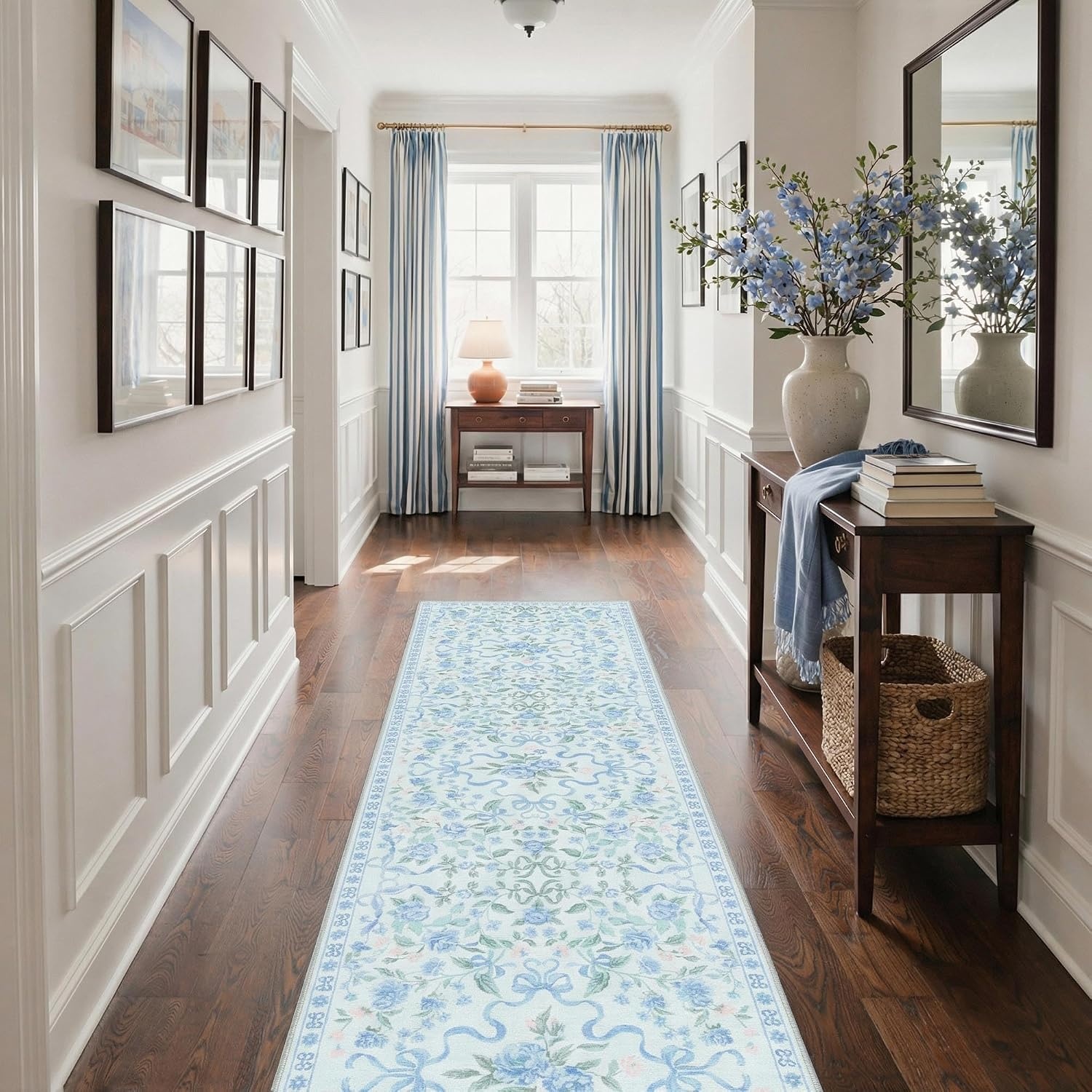 image:imageGENIMO Area Rugs 6X9 for Living Room Bedroom Machine Washable Non Slip Flower Bow Rug Low Pile Soft Cute Floral Rug for Dining Room Girls Room Nursery Room and Playroom Pink BowBlue Floral Bow
