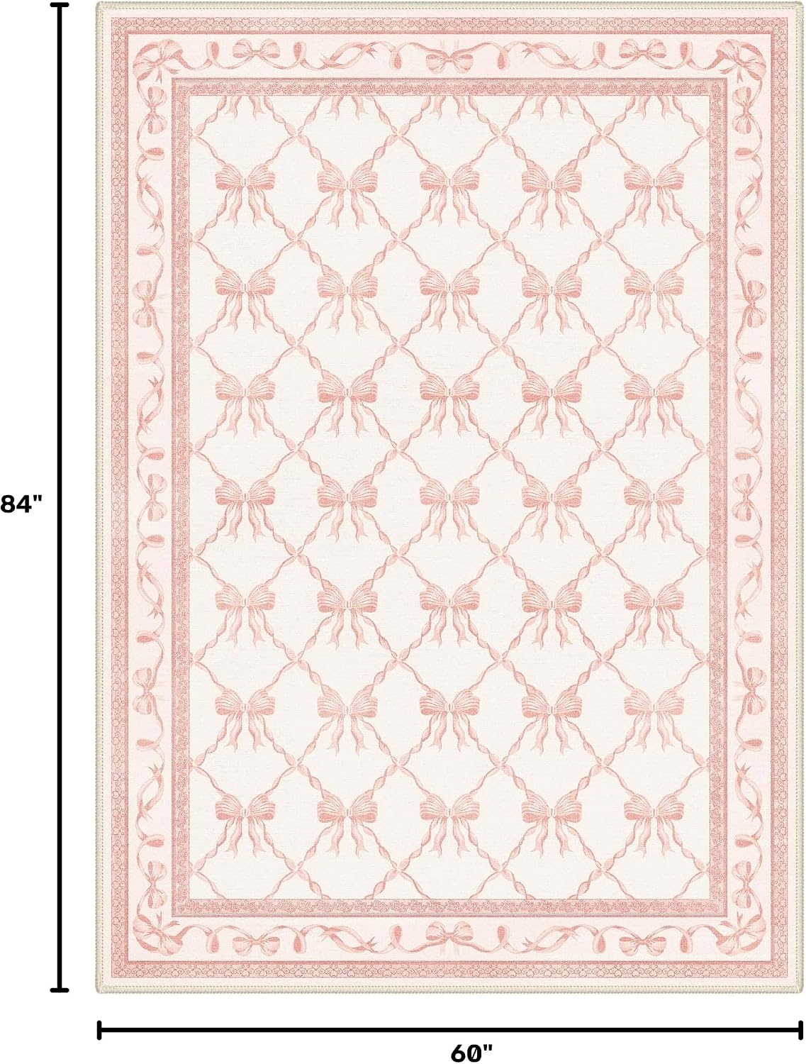 image:imageGENIMO Area Rugs 6X9 for Living Room Bedroom Machine Washable Non Slip Flower Bow Rug Low Pile Soft Cute Floral Rug for Dining Room Girls Room Nursery Room and Playroom Pink BowPink Bow