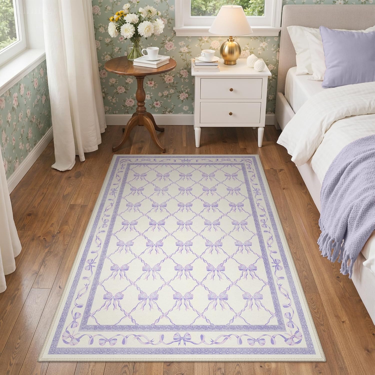 image:imageGENIMO Area Rugs 6X9 for Living Room Bedroom Machine Washable Non Slip Flower Bow Rug Low Pile Soft Cute Floral Rug for Dining Room Girls Room Nursery Room and Playroom Pink BowPurple Bow