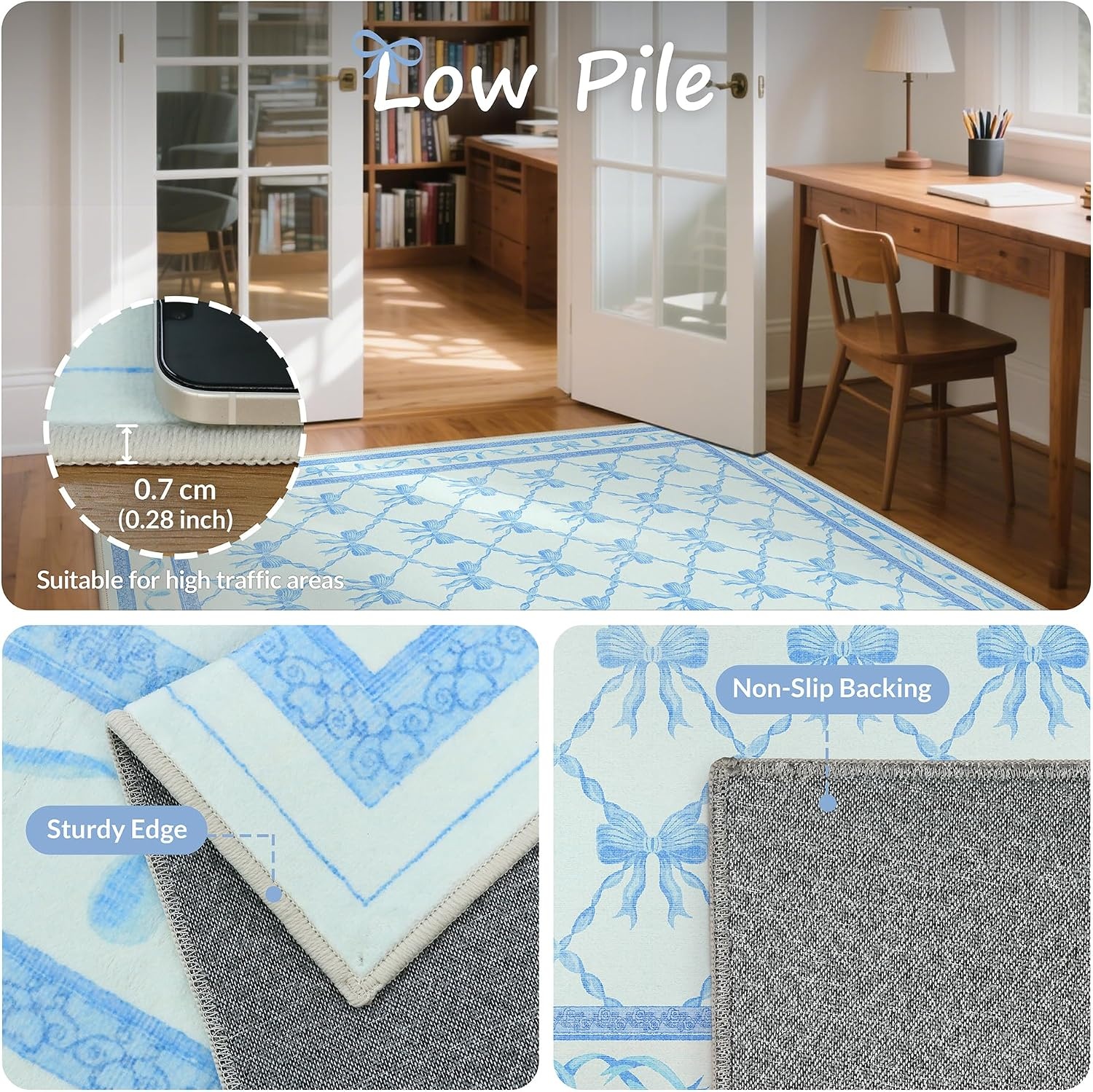 image:imageGENIMO Area Rugs 6X9 for Living Room Bedroom Machine Washable Non Slip Flower Bow Rug Low Pile Soft Cute Floral Rug for Dining Room Girls Room Nursery Room and Playroom Pink BowSky Blue Bow