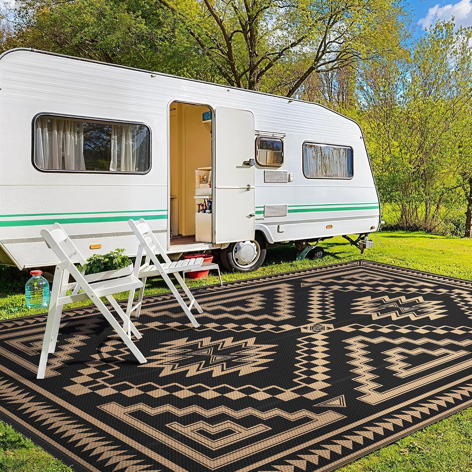 image:imageGENIMO Outdoor Rug for Patio Clearance 5x8 Reversible Plastic Straw Rugs Lightweight Waterproof RV Camping Mat for Camper Balcony Deck Backyard Picnic BlackBrownBlack Brown Aztec