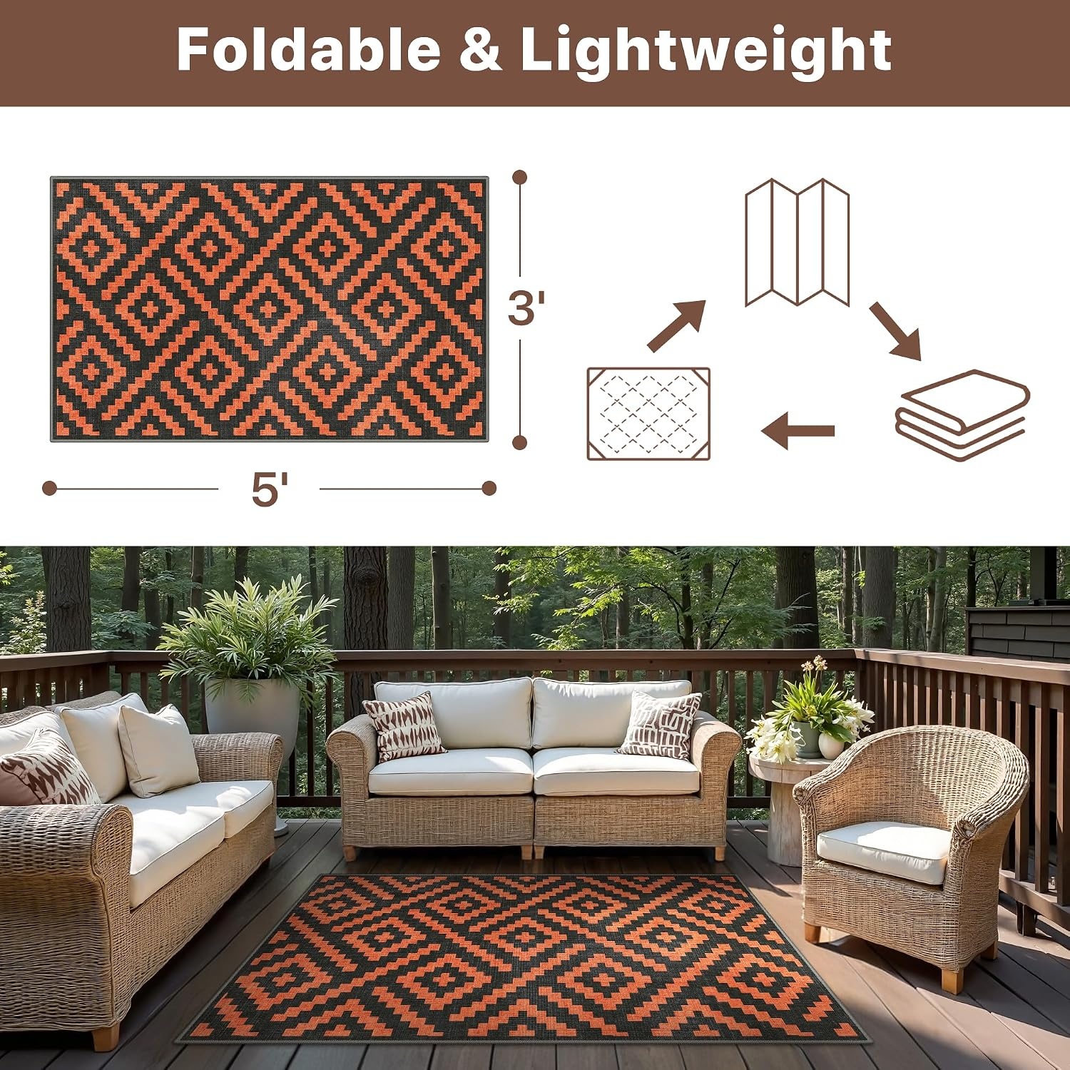 image:imageGENIMO Outdoor Rug for Patio Clearance 5x8 Reversible Plastic Straw Rugs Lightweight Waterproof RV Camping Mat for Camper Balcony Deck Backyard Picnic BlackBrownOrange Noir