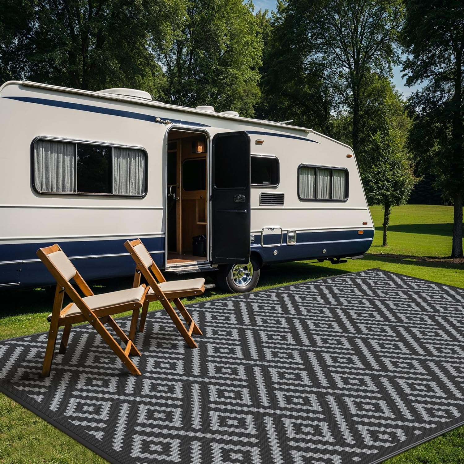 image:imageGENIMO Outdoor Rug for Patio Clearance 5x8 Reversible Plastic Straw Rugs Lightweight Waterproof RV Camping Mat for Camper Balcony Deck Backyard Picnic BlackBrownBlackgray