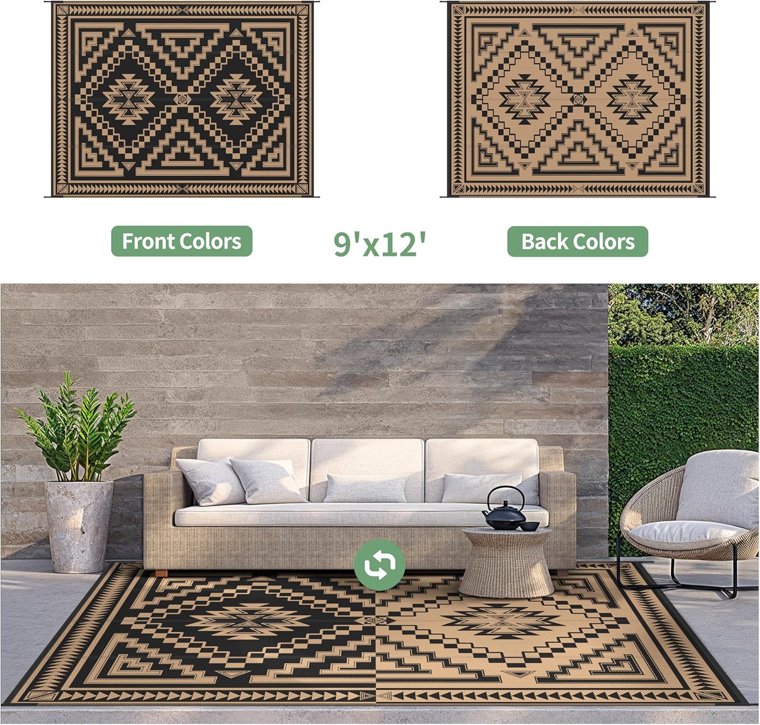 image:imageGENIMO Outdoor Rug for Patio Clearance 5x8 Reversible Plastic Straw Rugs Lightweight Waterproof RV Camping Mat for Camper Balcony Deck Backyard Picnic BlackBrownBlack Brown Aztec