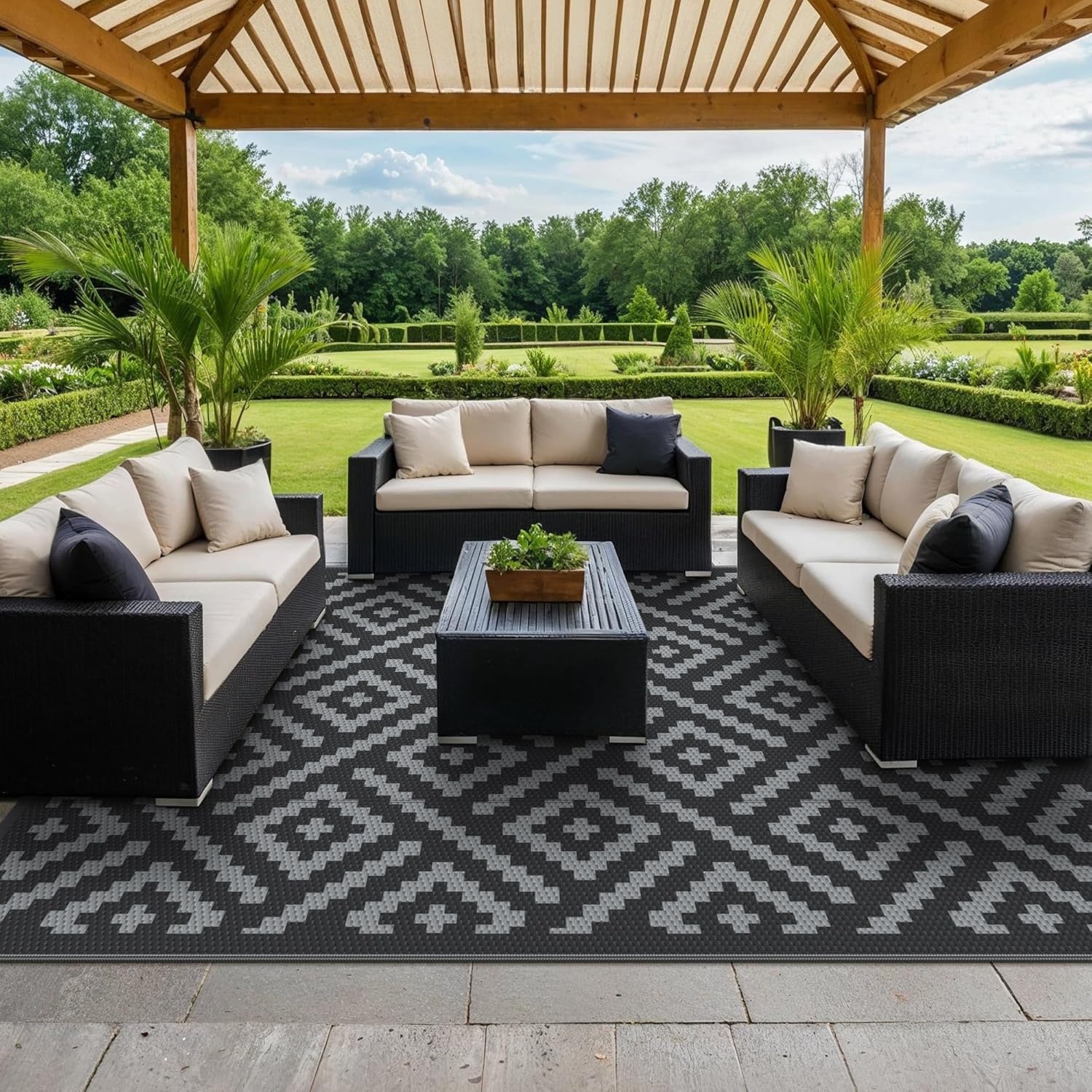 image:imageGENIMO Outdoor Rug for Patio Clearance 5x8 Reversible Plastic Straw Rugs Lightweight Waterproof RV Camping Mat for Camper Balcony Deck Backyard Picnic BlackBrownBlackgray