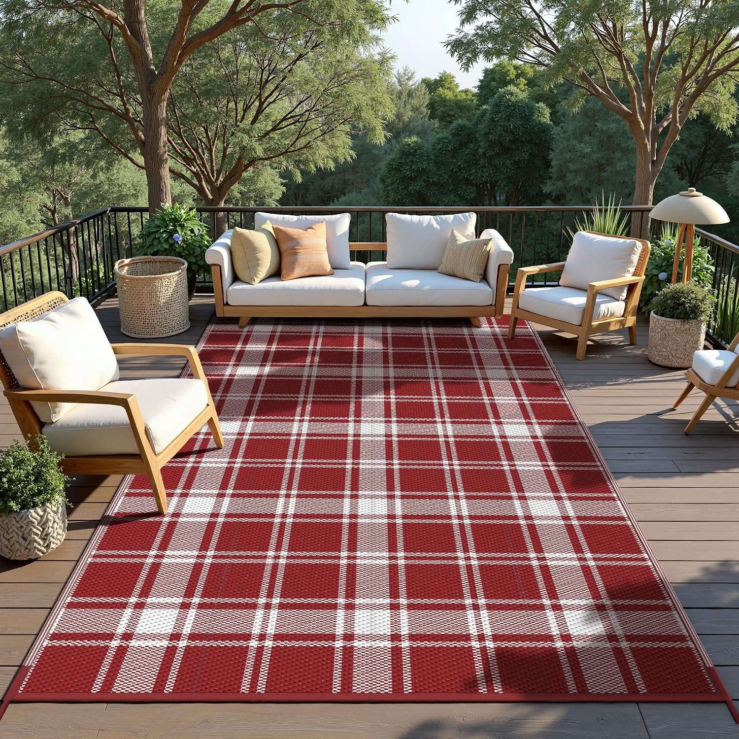 image:imageGENIMO Outdoor Rug for Patio Clearance 5x8 Reversible Plastic Straw Rugs Lightweight Waterproof RV Camping Mat for Camper Balcony Deck Backyard Picnic BlackBrownRed White Plaid