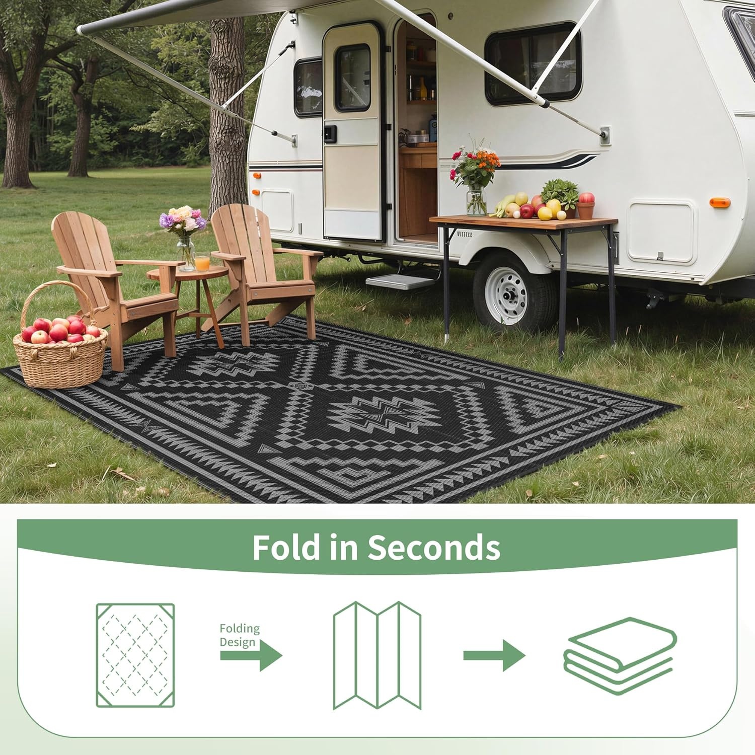image:imageGENIMO Outdoor Rug for Patio Clearance 5x8 Reversible Plastic Straw Rugs Lightweight Waterproof RV Camping Mat for Camper Balcony Deck Backyard Picnic BlackBrownBlack Grey Aztec