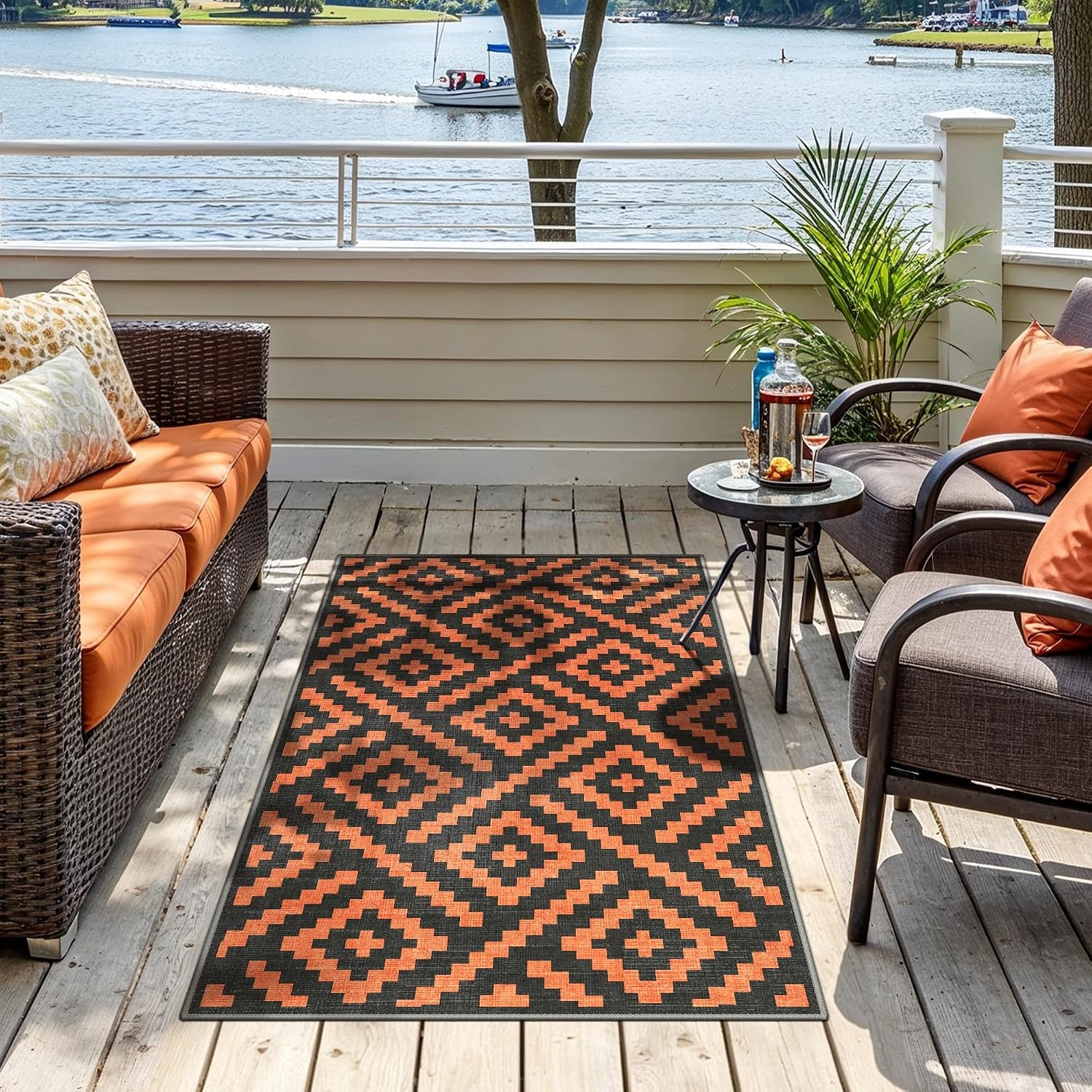 image:imageGENIMO Outdoor Rug for Patio Clearance 5x8 Reversible Plastic Straw Rugs Lightweight Waterproof RV Camping Mat for Camper Balcony Deck Backyard Picnic BlackBrownOrange Noir