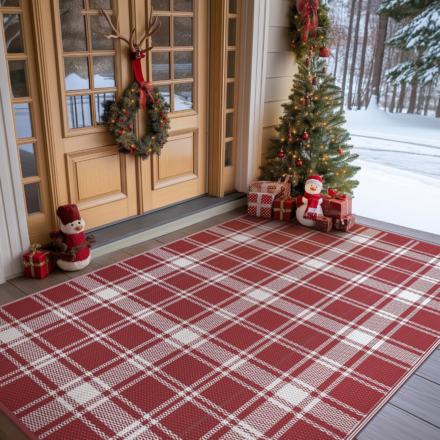 image:imageGENIMO Outdoor Rug for Patio Clearance 5x8 Reversible Plastic Straw Rugs Lightweight Waterproof RV Camping Mat for Camper Balcony Deck Backyard Picnic BlackBrownRed White Plaid