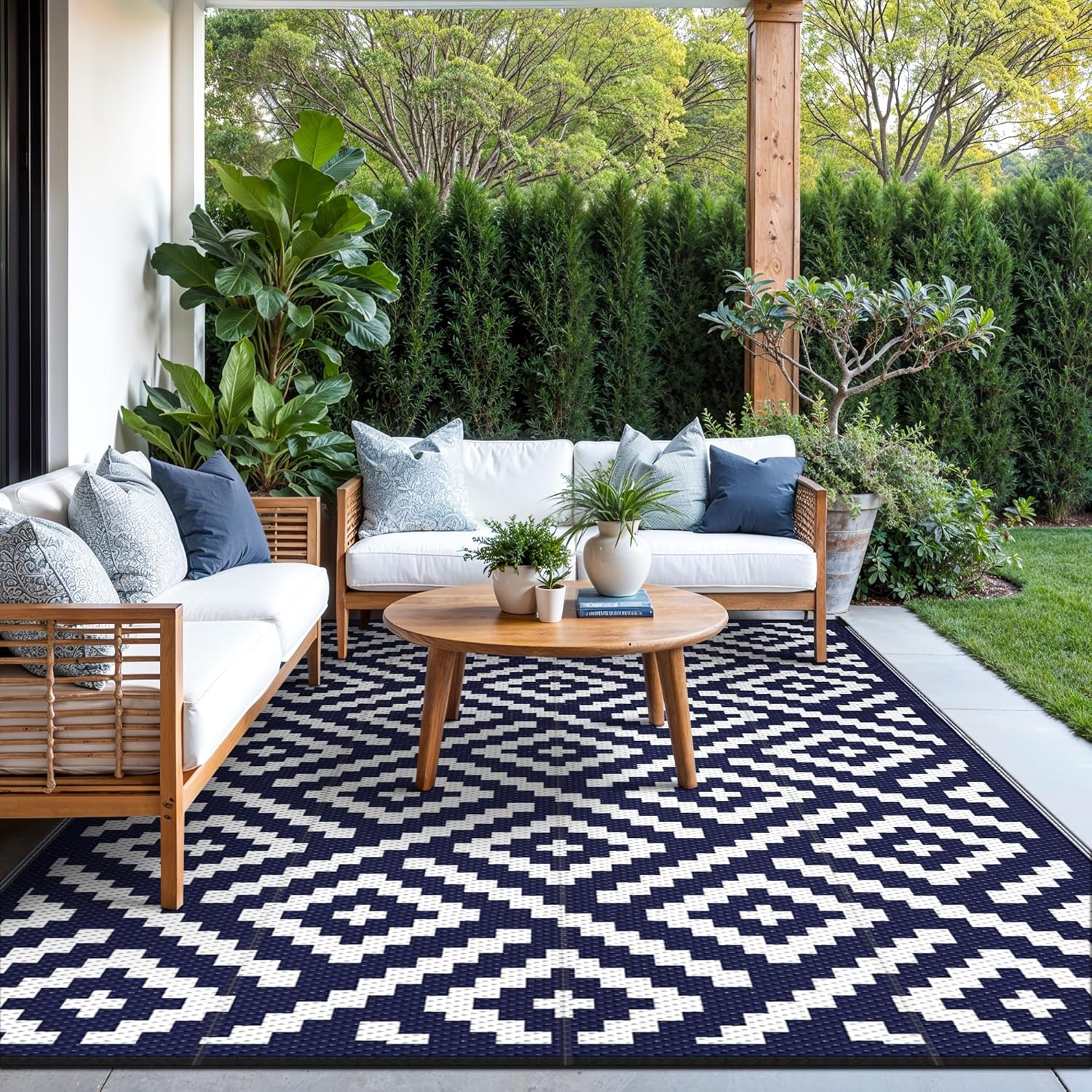 image:imageGENIMO Outdoor Rug for Patio Clearance 5x8 Reversible Plastic Straw Rugs Lightweight Waterproof RV Camping Mat for Camper Balcony Deck Backyard Picnic BlackBrownNavy Bluewhite