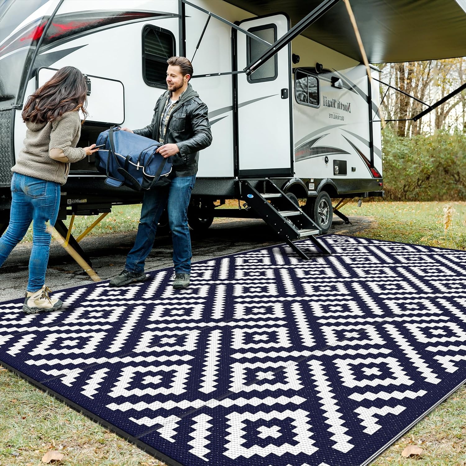 image:imageGENIMO Outdoor Rug for Patio Clearance 5x8 Reversible Plastic Straw Rugs Lightweight Waterproof RV Camping Mat for Camper Balcony Deck Backyard Picnic BlackBrownNavy Bluewhite