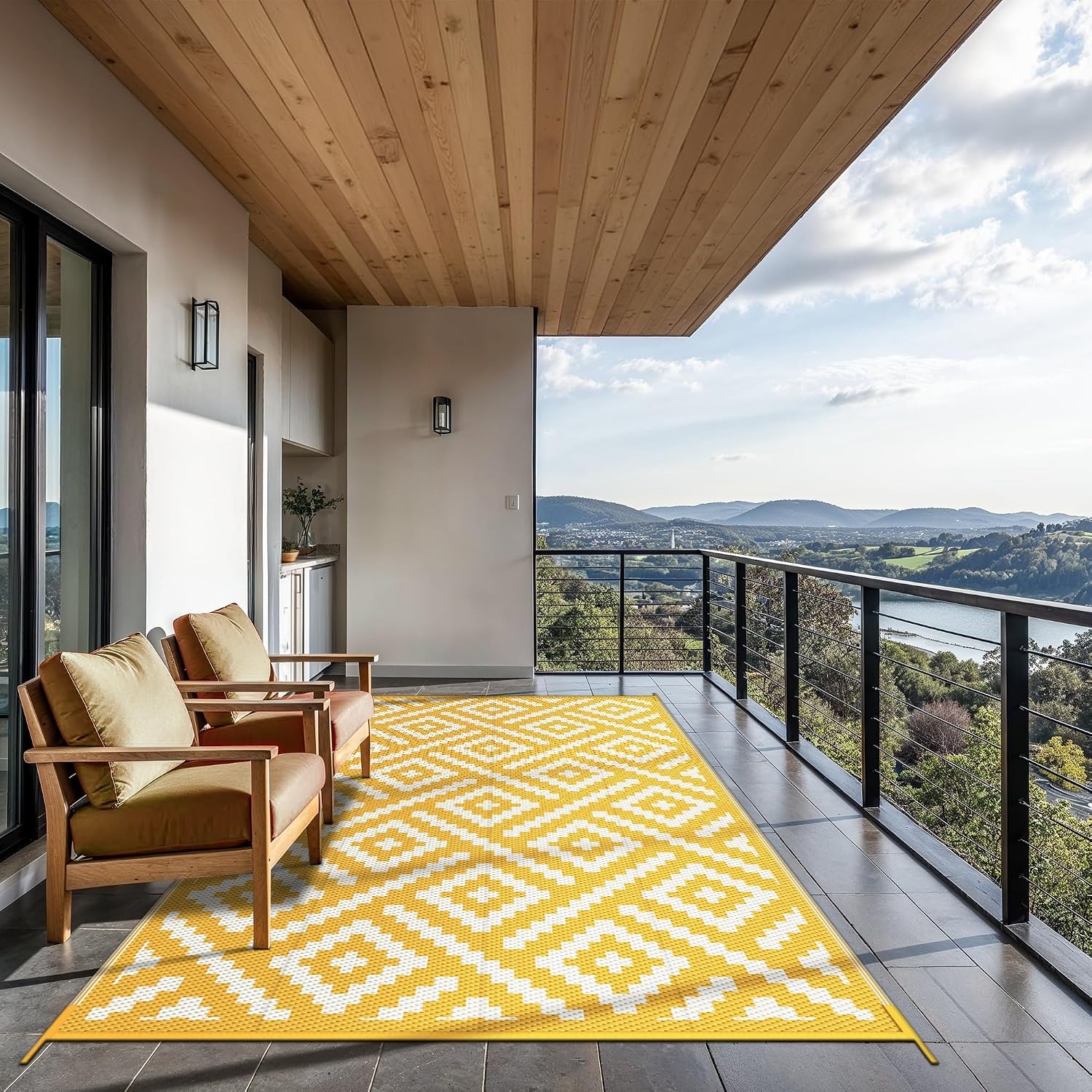 image:imageGENIMO Outdoor Rug for Patio Clearance 5x8 Reversible Plastic Straw Rugs Lightweight Waterproof RV Camping Mat for Camper Balcony Deck Backyard Picnic BlackBrownYellow Beige White
