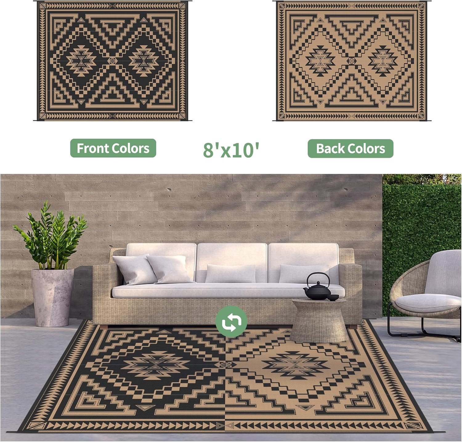 image:imageGENIMO Outdoor Rug for Patio Clearance 5x8 Reversible Plastic Straw Rugs Lightweight Waterproof RV Camping Mat for Camper Balcony Deck Backyard Picnic BlackBrownBlack Brown Aztec