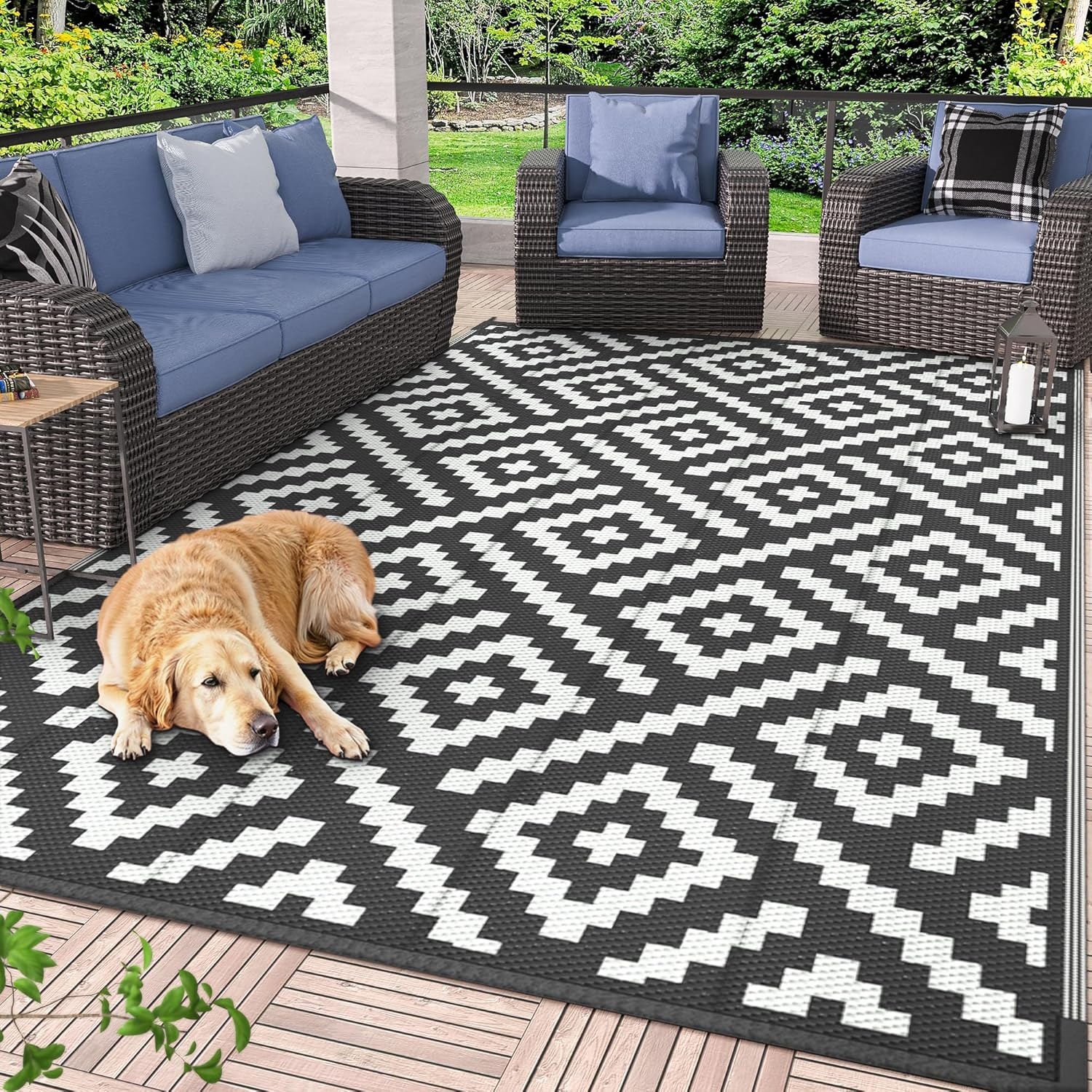 image:imageGENIMO Outdoor Rug for Patio Clearance 5x8 Reversible Plastic Straw Rugs Lightweight Waterproof RV Camping Mat for Camper Balcony Deck Backyard Picnic BlackBrownBlackwhite