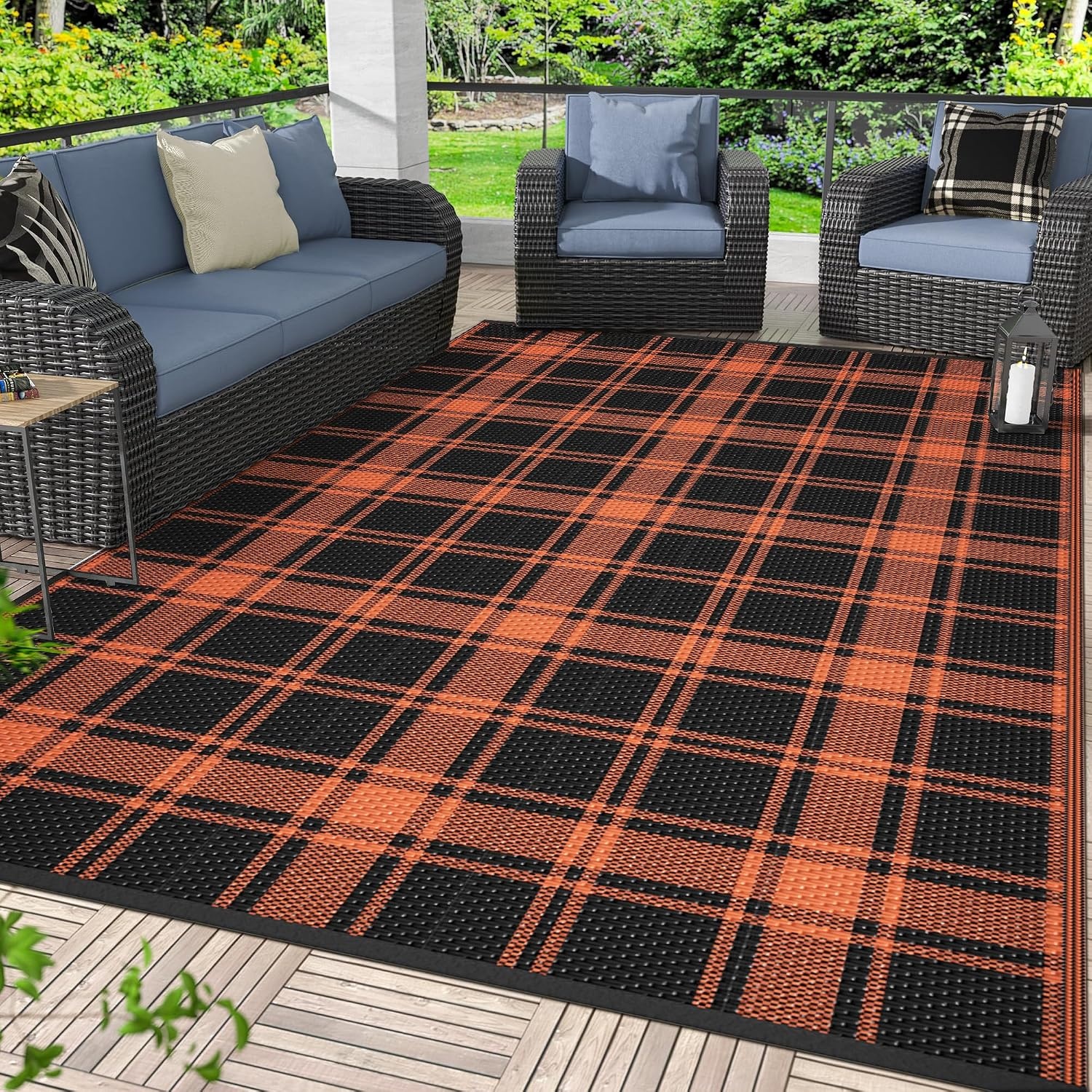 image:imageGENIMO Outdoor Rug for Patio Clearance 5x8 Reversible Plastic Straw Rugs Lightweight Waterproof RV Camping Mat for Camper Balcony Deck Backyard Picnic BlackBrownBlack Orange Plaid