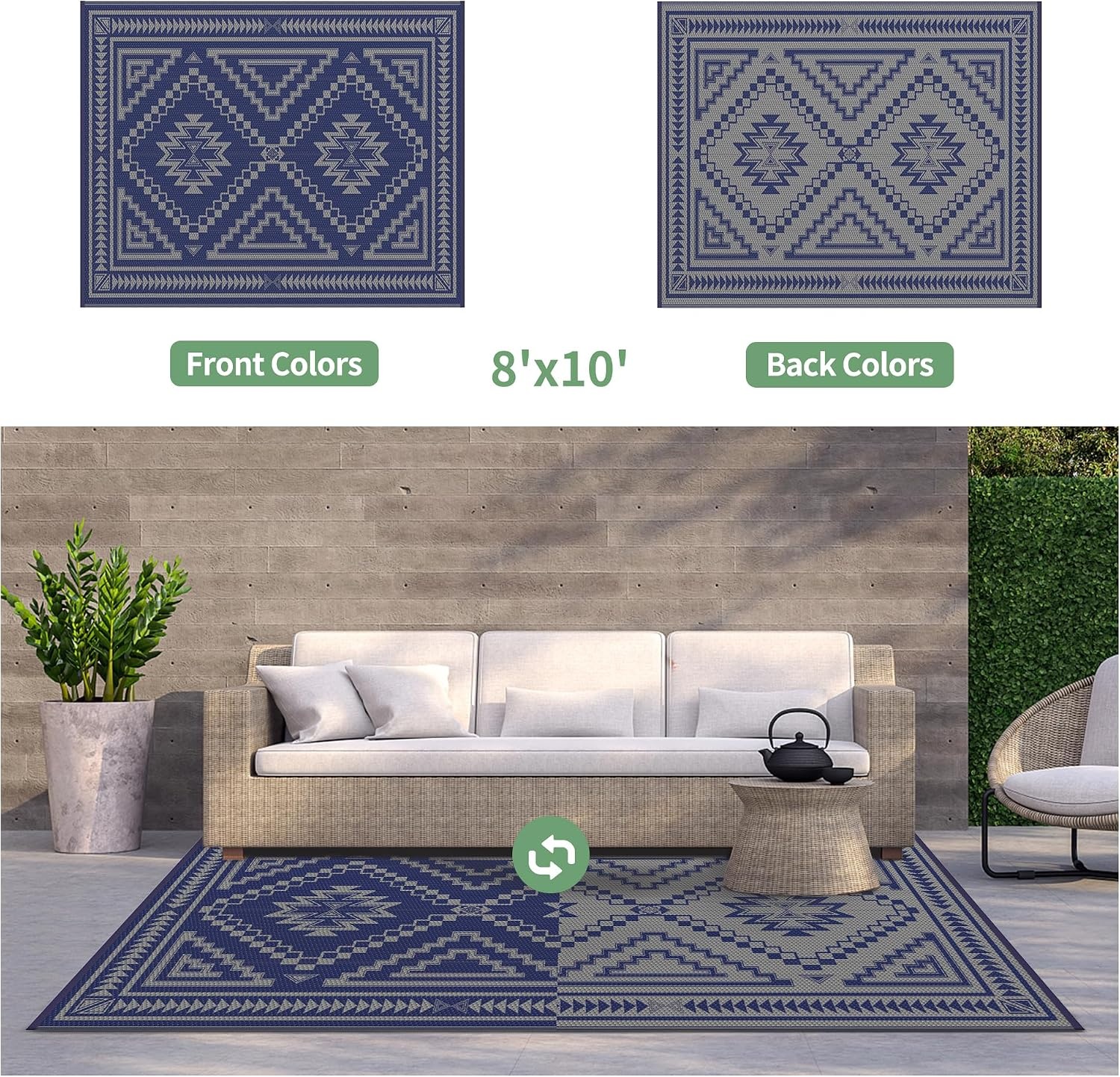 image:imageGENIMO Outdoor Rug for Patio Clearance 5x8 Reversible Plastic Straw Rugs Lightweight Waterproof RV Camping Mat for Camper Balcony Deck Backyard Picnic BlackBrownBlue Grey Aztec