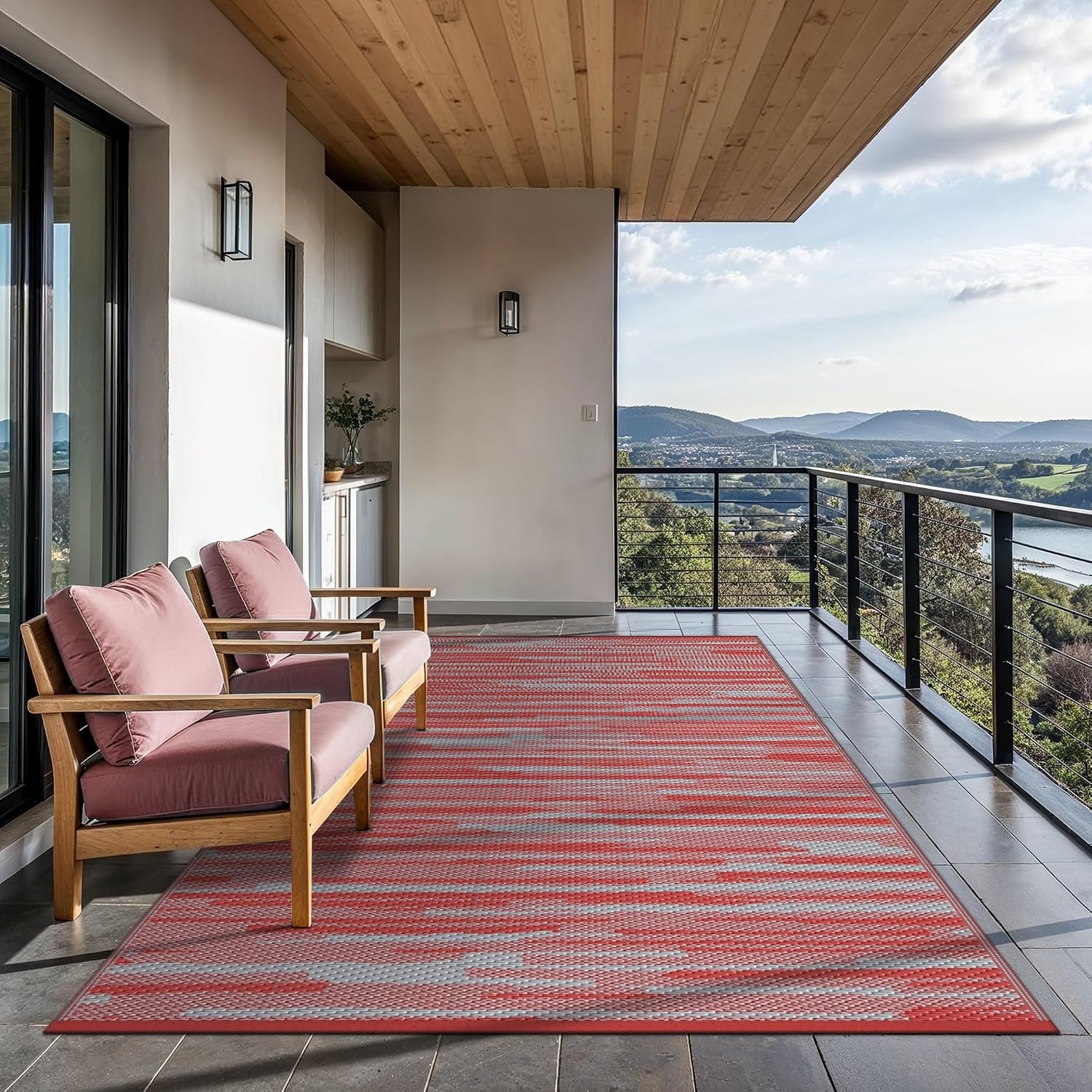 image:imageGENIMO Outdoor Rug for Patio Clearance 5x8 Reversible Plastic Straw Rugs Lightweight Waterproof RV Camping Mat for Camper Balcony Deck Backyard Picnic BlackBrownCrimson Grey