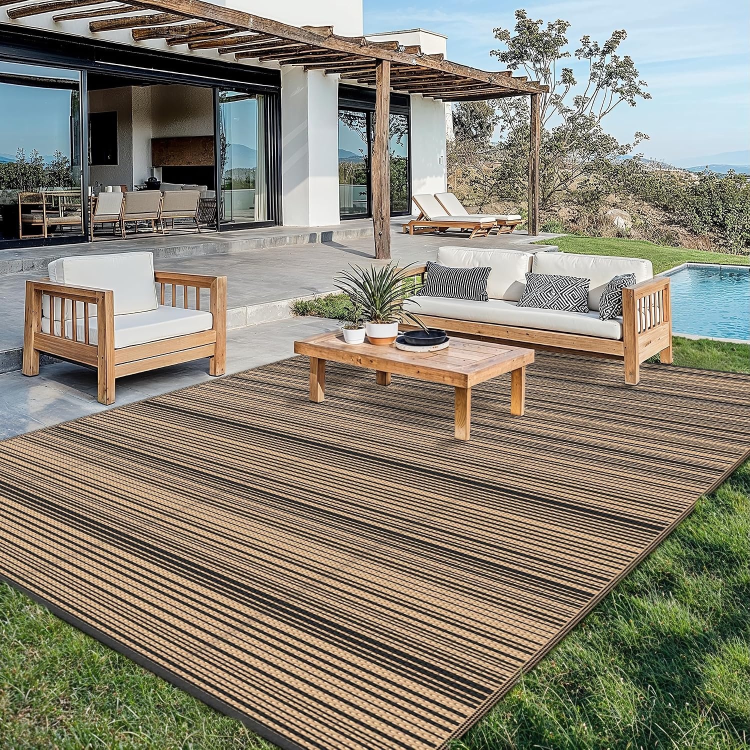 image:imageGENIMO Outdoor Rug for Patio Clearance 5x8 Reversible Plastic Straw Rugs Lightweight Waterproof RV Camping Mat for Camper Balcony Deck Backyard Picnic BlackBrownBlacknut Brown