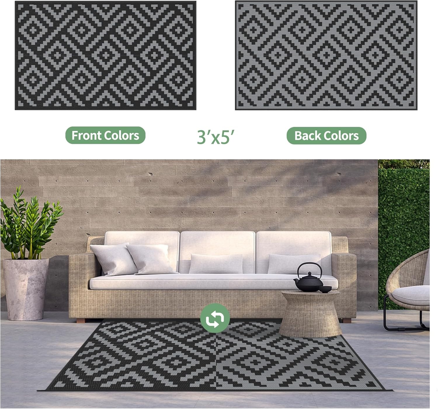 image:imageGENIMO Outdoor Rug for Patio Clearance 5x8 Reversible Plastic Straw Rugs Lightweight Waterproof RV Camping Mat for Camper Balcony Deck Backyard Picnic BlackBrownBlackgray