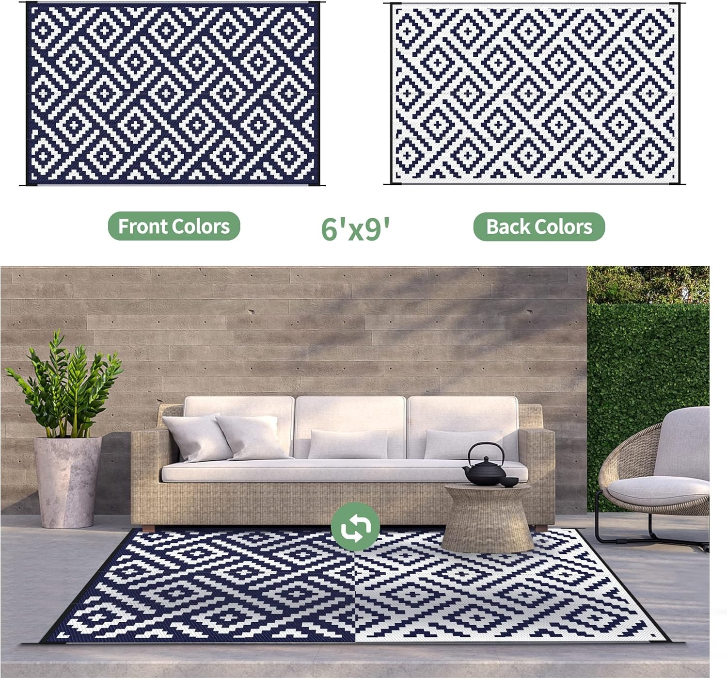 image:imageGENIMO Outdoor Rug for Patio Clearance 5x8 Reversible Plastic Straw Rugs Lightweight Waterproof RV Camping Mat for Camper Balcony Deck Backyard Picnic BlackBrownNavy Bluewhite