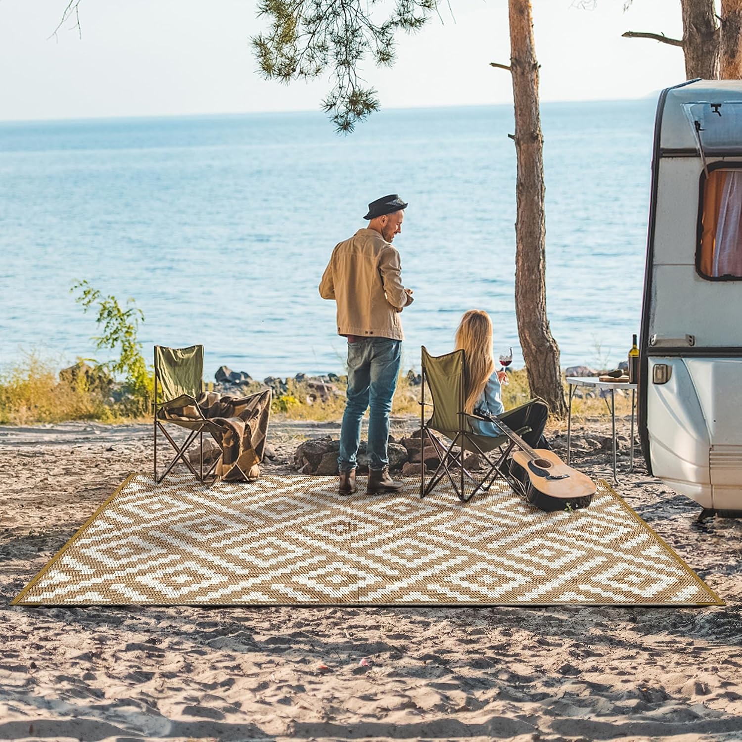 image:imageGENIMO Outdoor Rug for Patio Clearance 5x8 Reversible Plastic Straw Rugs Lightweight Waterproof RV Camping Mat for Camper Balcony Deck Backyard Picnic BlackBrownBrownwhite