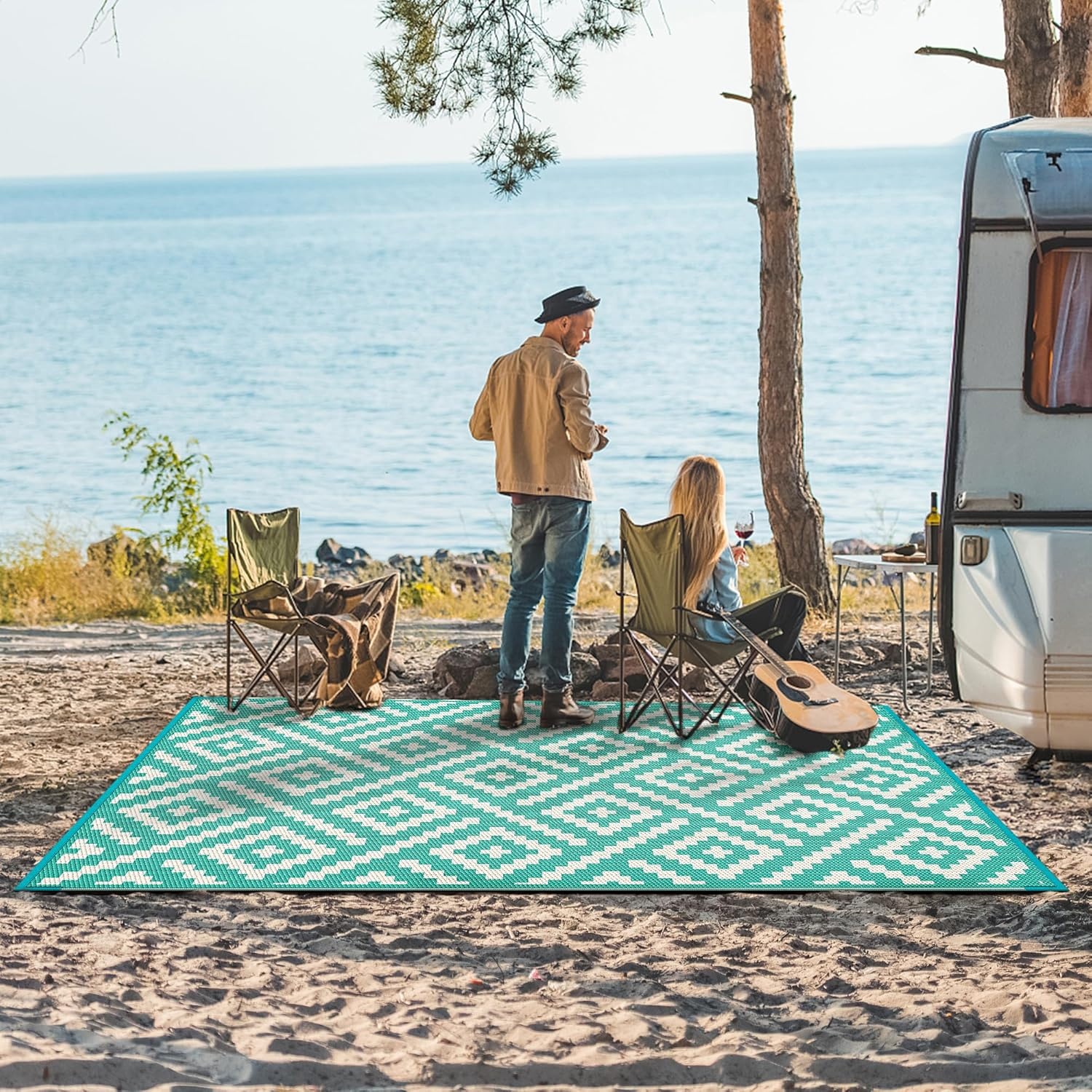 image:imageGENIMO Outdoor Rug for Patio Clearance 5x8 Reversible Plastic Straw Rugs Lightweight Waterproof RV Camping Mat for Camper Balcony Deck Backyard Picnic BlackBrownLakegreenbeigewhite