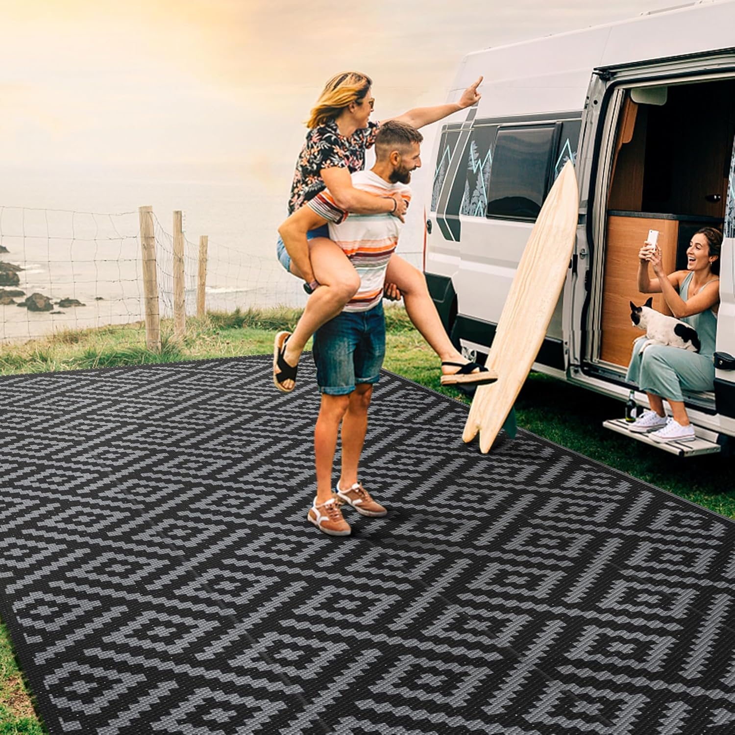 image:imageGENIMO Outdoor Rug for Patio Clearance 5x8 Reversible Plastic Straw Rugs Lightweight Waterproof RV Camping Mat for Camper Balcony Deck Backyard Picnic BlackBrownBlackgray