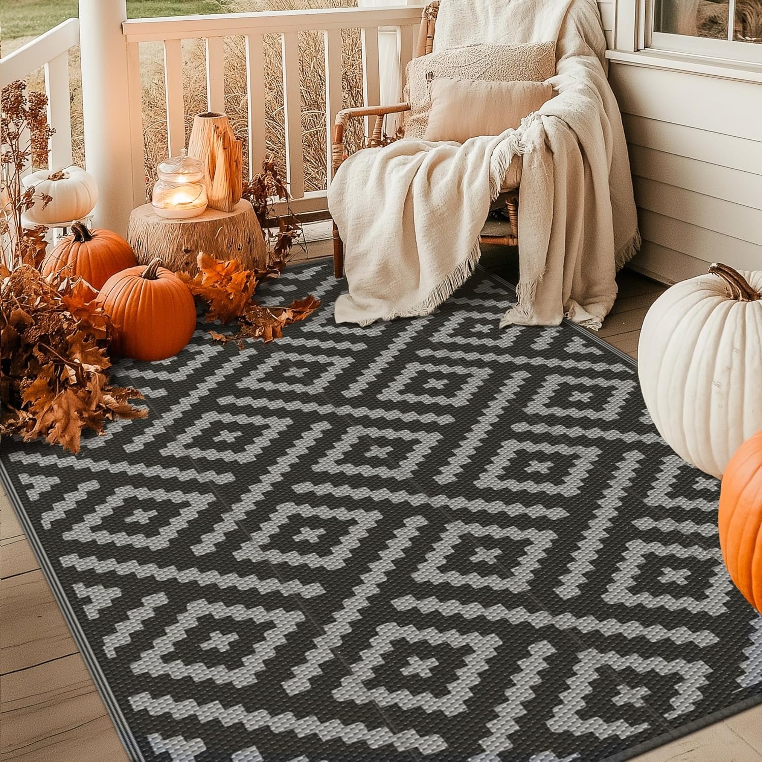 image:imageGENIMO Outdoor Rug for Patio Clearance 5x8 Reversible Plastic Straw Rugs Lightweight Waterproof RV Camping Mat for Camper Balcony Deck Backyard Picnic BlackBrownBlackgray
