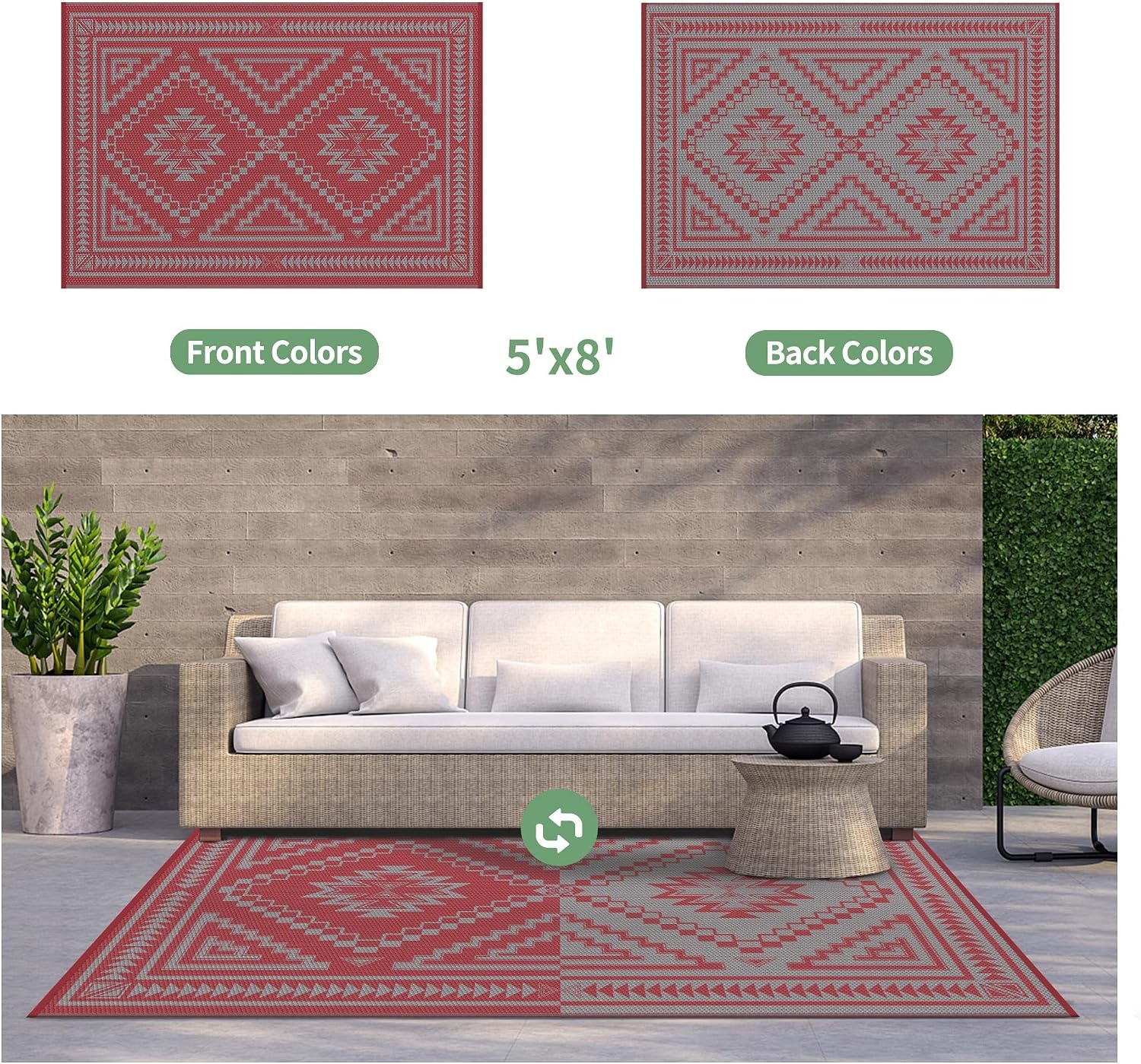 image:imageGENIMO Outdoor Rug for Patio Clearance 5x8 Reversible Plastic Straw Rugs Lightweight Waterproof RV Camping Mat for Camper Balcony Deck Backyard Picnic BlackBrownRed Grey Aztec