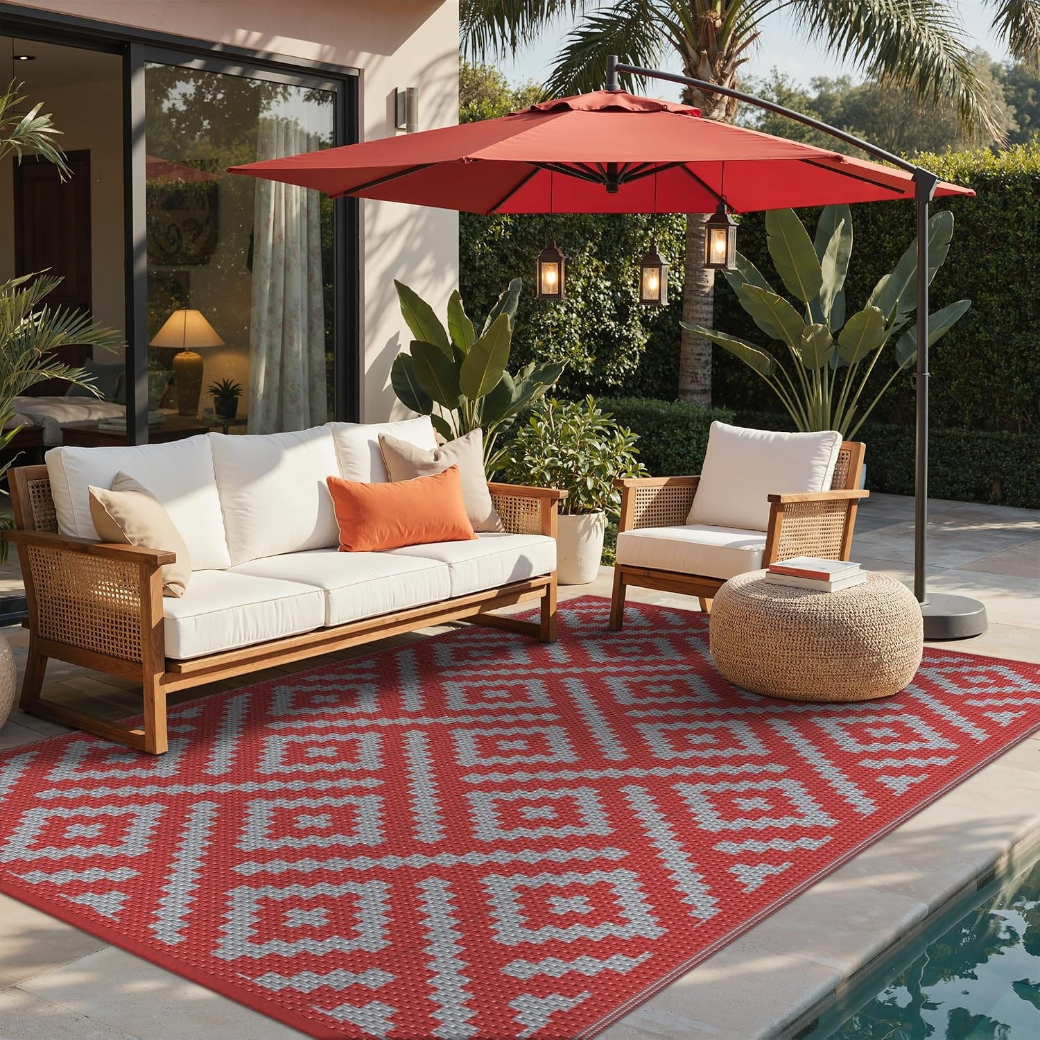 image:imageGENIMO Outdoor Rug for Patio Clearance 5x8 Reversible Plastic Straw Rugs Lightweight Waterproof RV Camping Mat for Camper Balcony Deck Backyard Picnic BlackBrownRed Grey