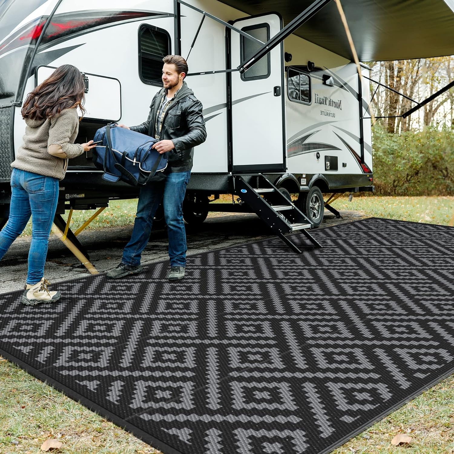 image:imageGENIMO Outdoor Rug for Patio Clearance 5x8 Reversible Plastic Straw Rugs Lightweight Waterproof RV Camping Mat for Camper Balcony Deck Backyard Picnic BlackBrownBlackgray