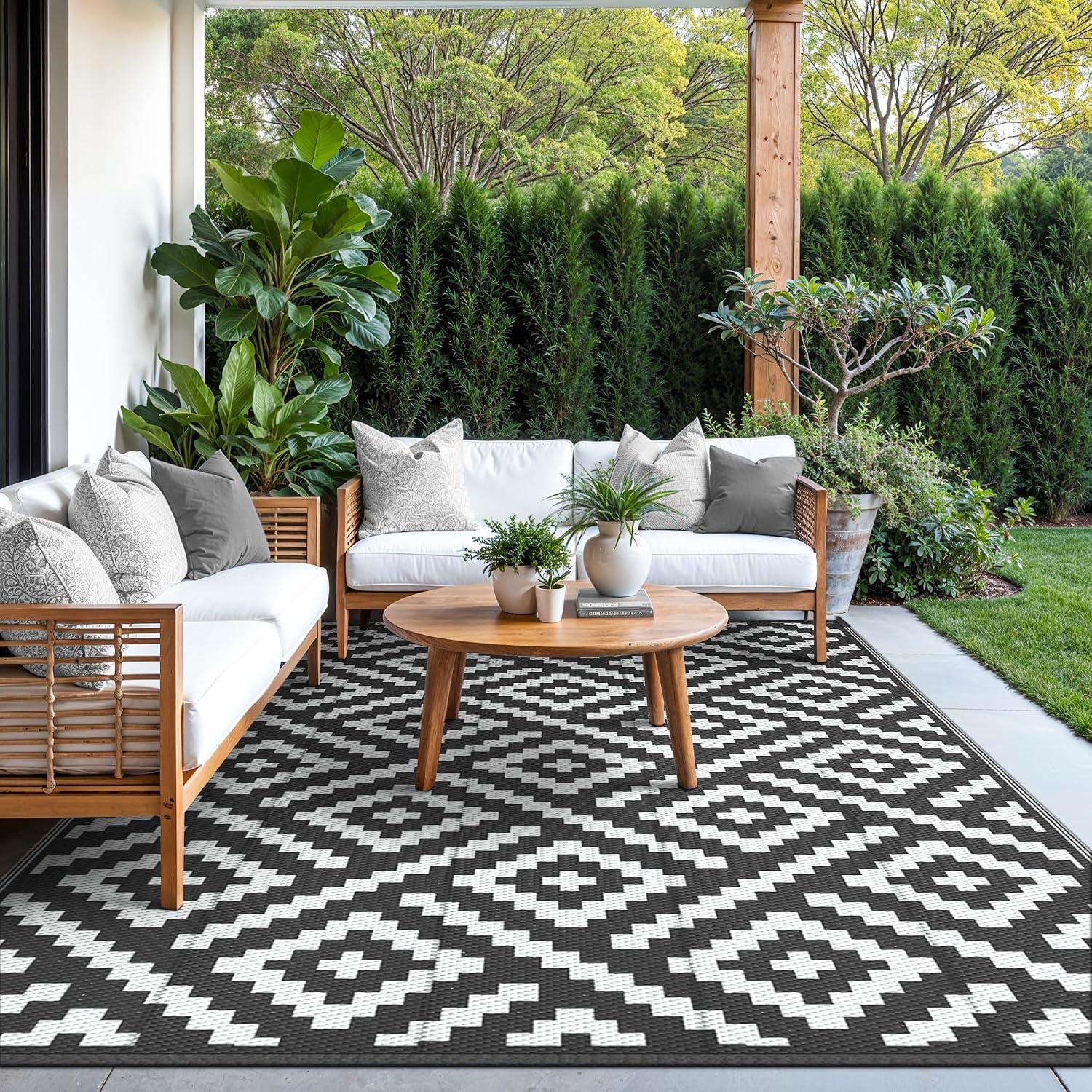 image:imageGENIMO Outdoor Rug for Patio Clearance 5x8 Reversible Plastic Straw Rugs Lightweight Waterproof RV Camping Mat for Camper Balcony Deck Backyard Picnic BlackBrownBlackwhite