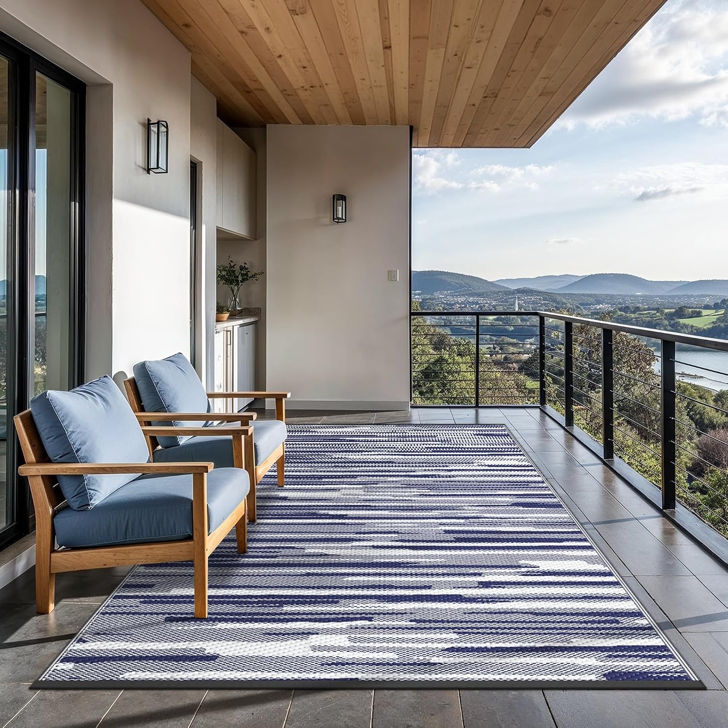 image:imageGENIMO Outdoor Rug for Patio Clearance 5x8 Reversible Plastic Straw Rugs Lightweight Waterproof RV Camping Mat for Camper Balcony Deck Backyard Picnic BlackBrownBlue White