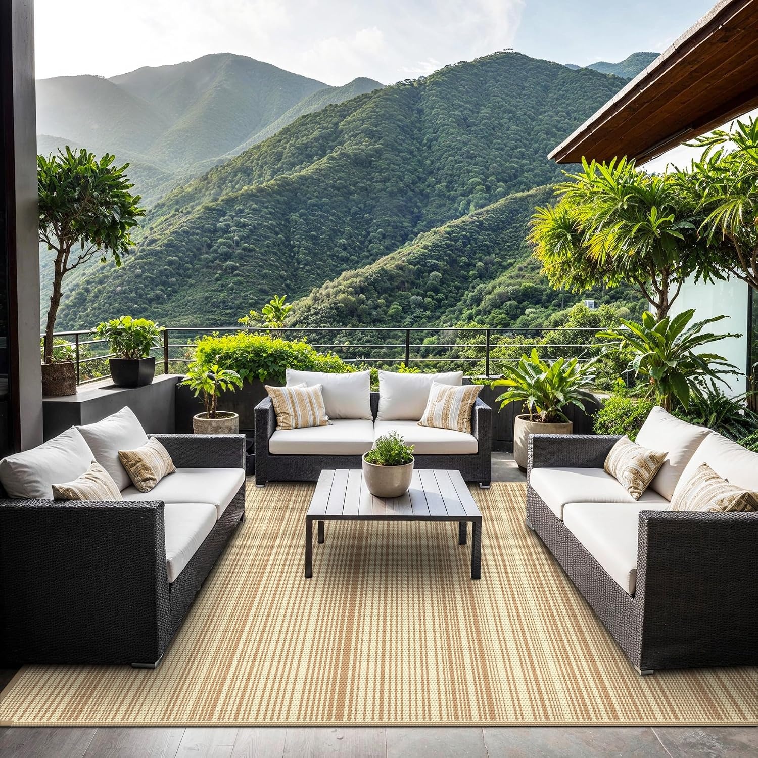 image:imageGENIMO Outdoor Rug for Patio Clearance 5x8 Reversible Plastic Straw Rugs Lightweight Waterproof RV Camping Mat for Camper Balcony Deck Backyard Picnic BlackBrownLightcoffeebeige