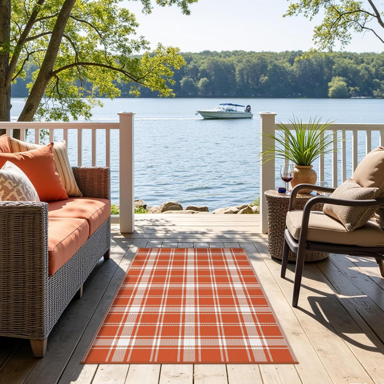 image:imageGENIMO Outdoor Rug for Patio Clearance 5x8 Reversible Plastic Straw Rugs Lightweight Waterproof RV Camping Mat for Camper Balcony Deck Backyard Picnic BlackBrownOrange White Plaid