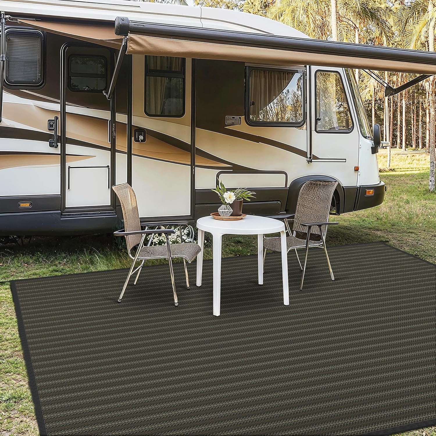 image:imageGENIMO Outdoor Rug for Patio Clearance 5x8 Reversible Plastic Straw Rugs Lightweight Waterproof RV Camping Mat for Camper Balcony Deck Backyard Picnic BlackBrownBlackbrownw