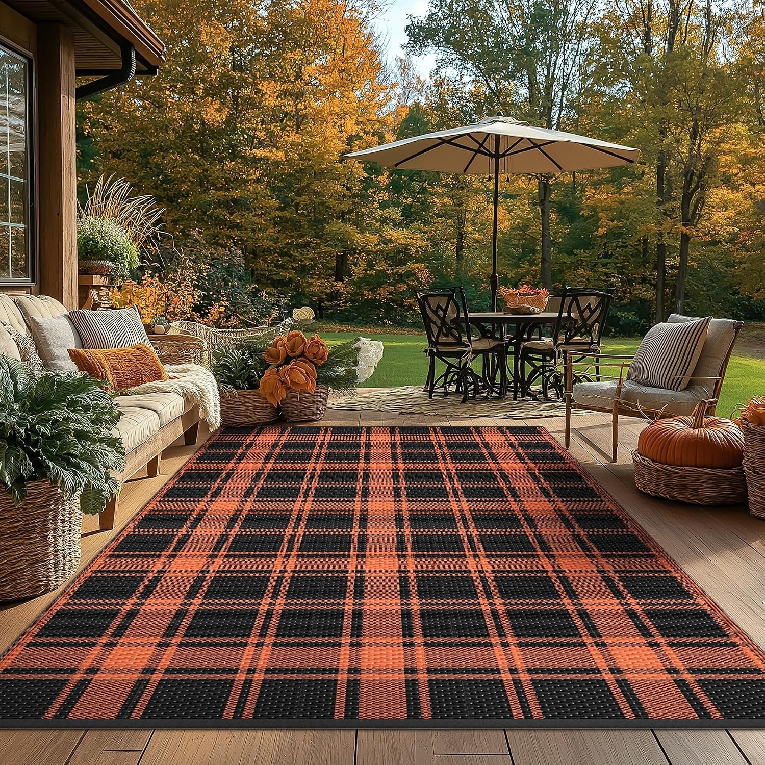 image:imageGENIMO Outdoor Rug for Patio Clearance 5x8 Reversible Plastic Straw Rugs Lightweight Waterproof RV Camping Mat for Camper Balcony Deck Backyard Picnic BlackBrownBlack Orange Plaid